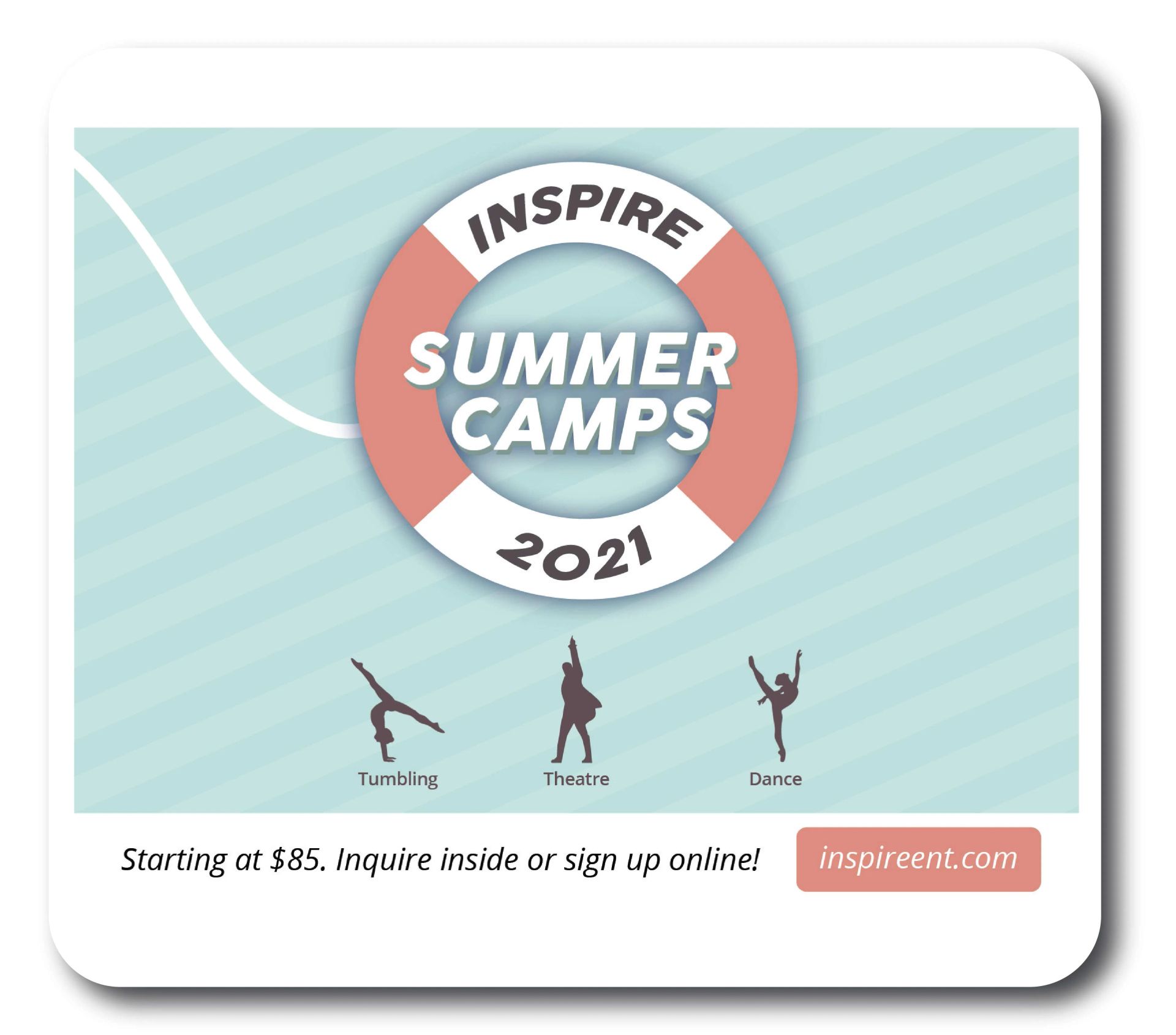 Inspire Summer Camps 2021 poster with coral and blue circular logo on a teal background