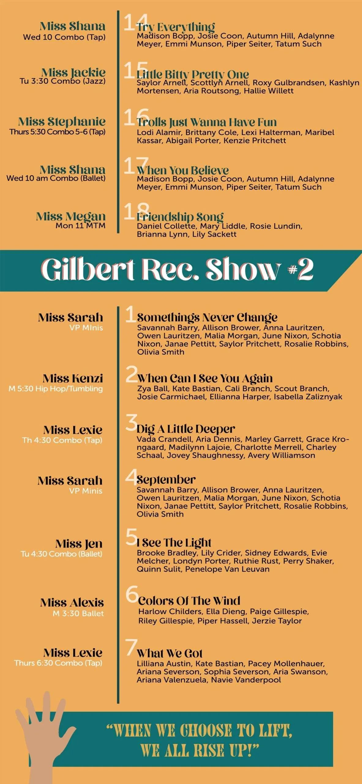 Orange concert flyer with teal title bar and multiple black text listings for Gilbert Rec Show 2