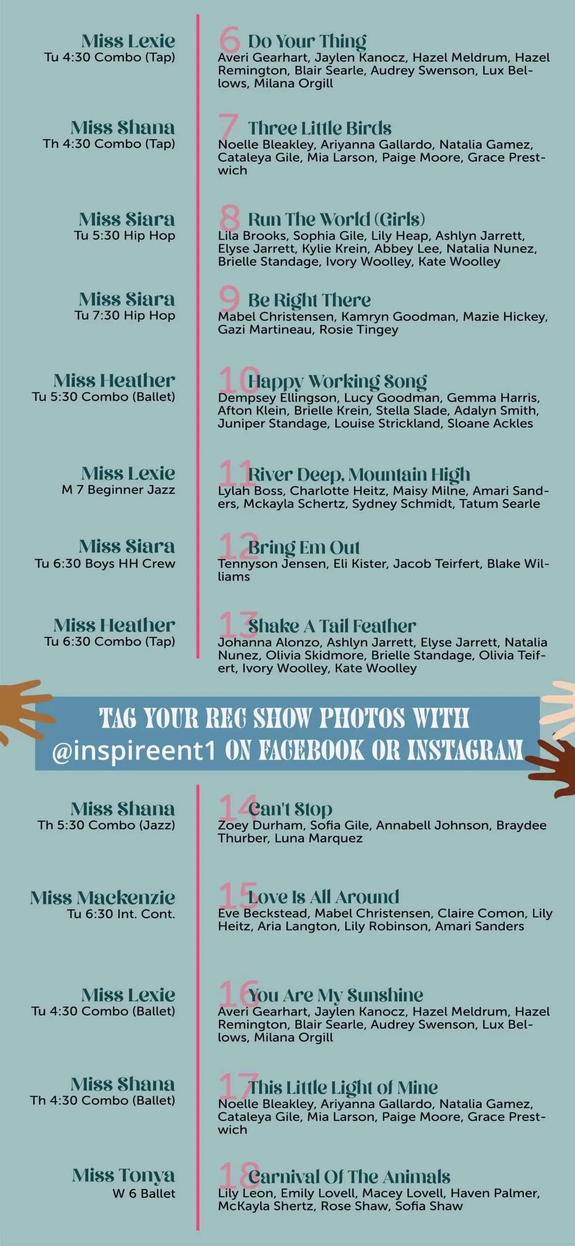 Tall, blurry event flyer with teal and pink text columns and a blue banner across the middle.