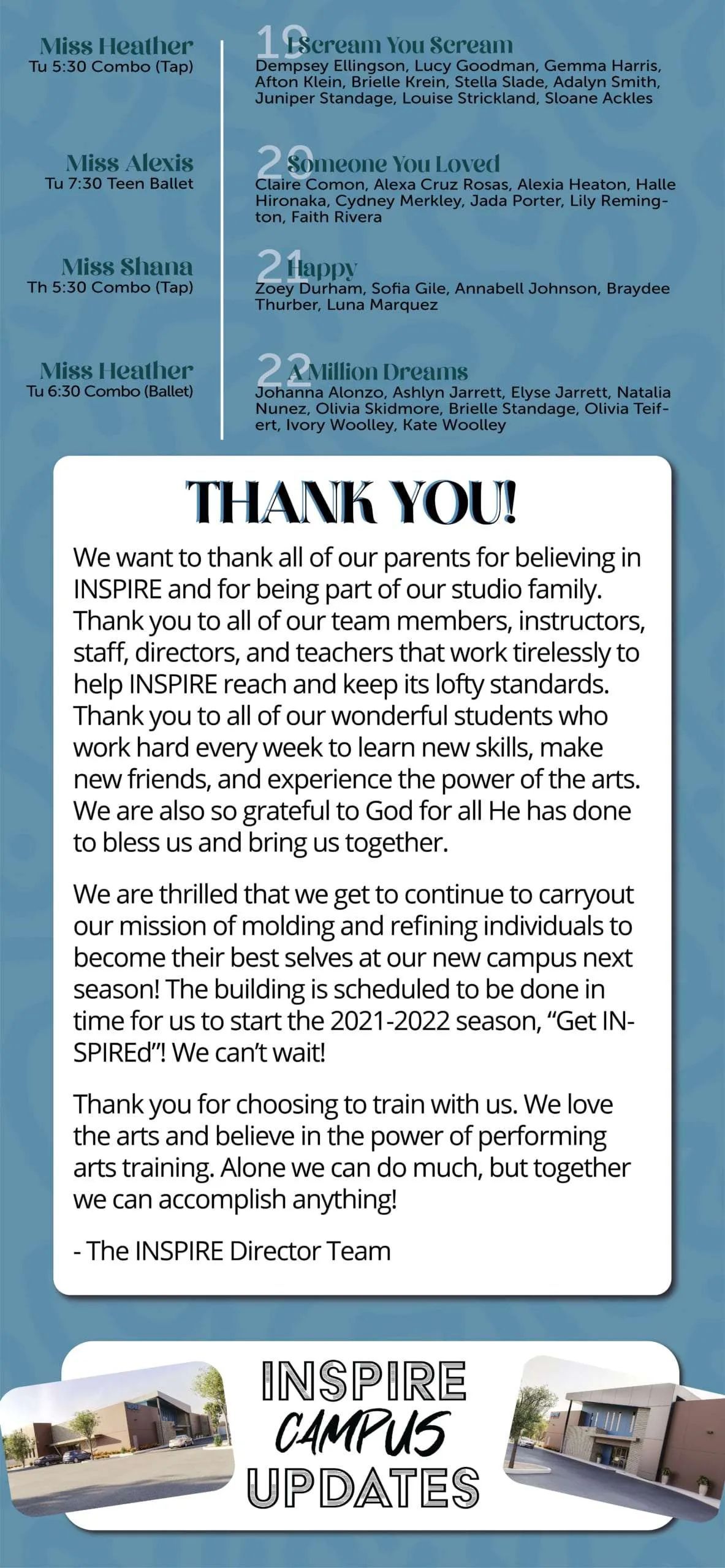 Blue flyer with a central “THANK YOU!” message, dense text, and a bottom banner showing people at computers.