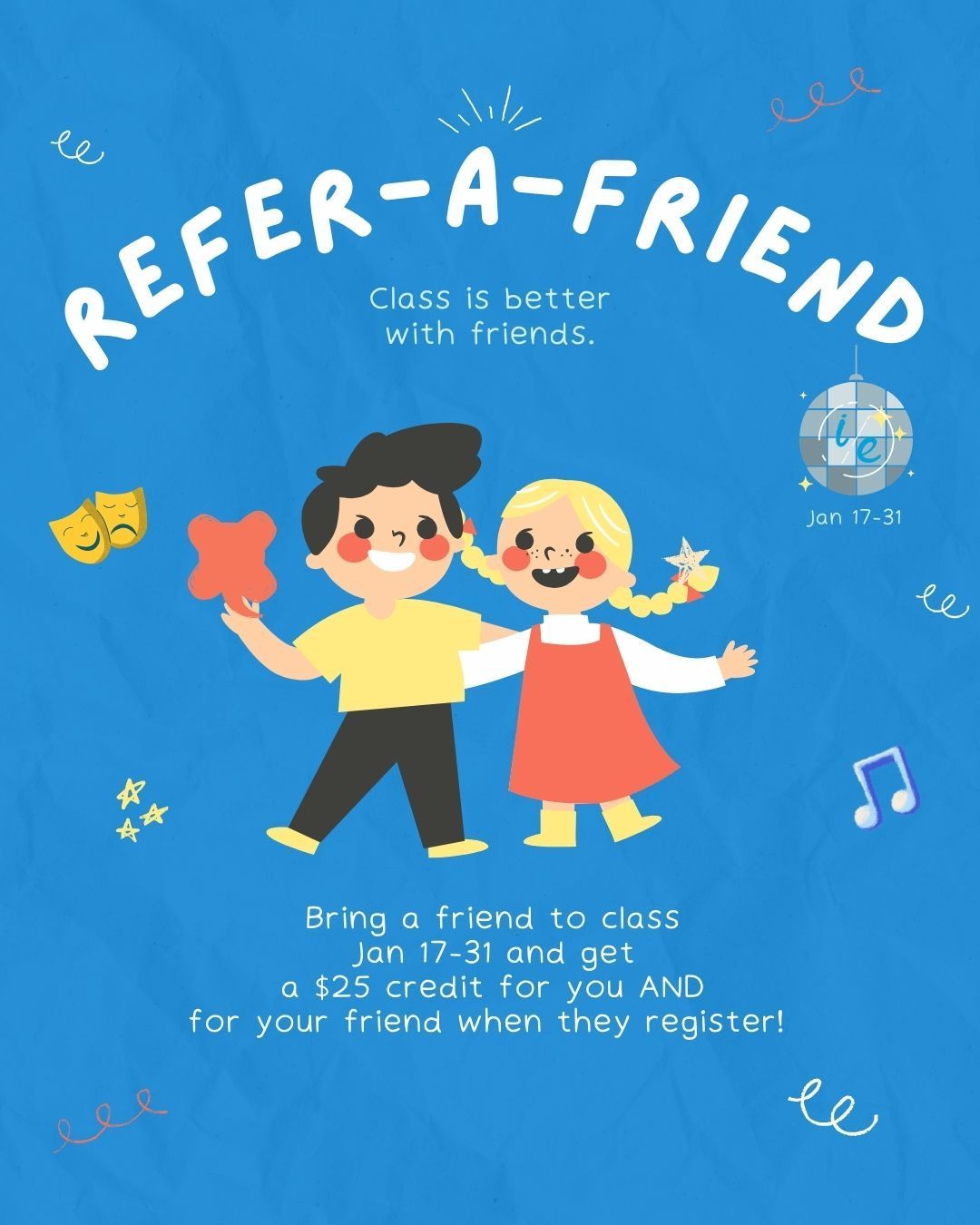 Refer-a-friend promo with two smiling children, blue background, and white text about inviting friends