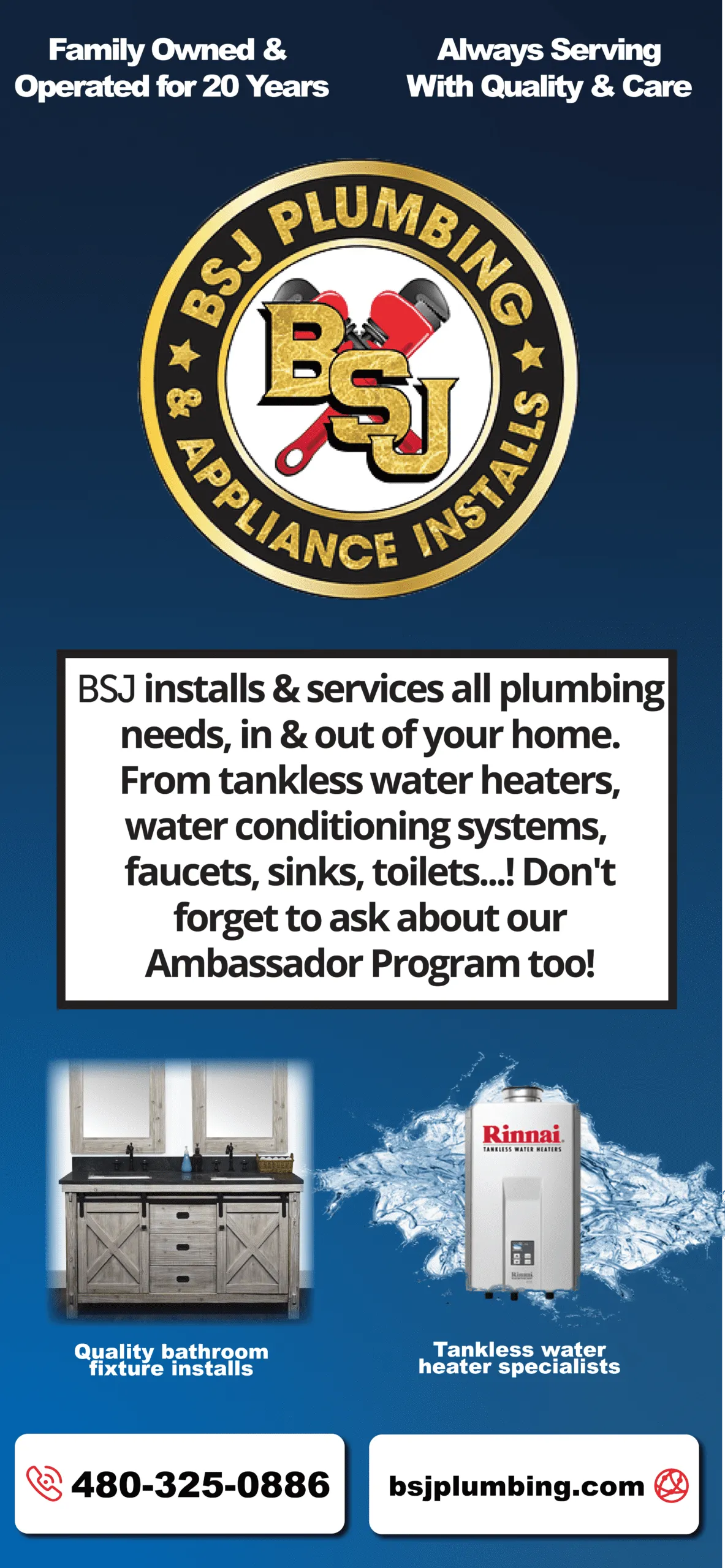BJS plumbing ad with logo, white text on blue, service callout, sink and water heater images, phone and website.