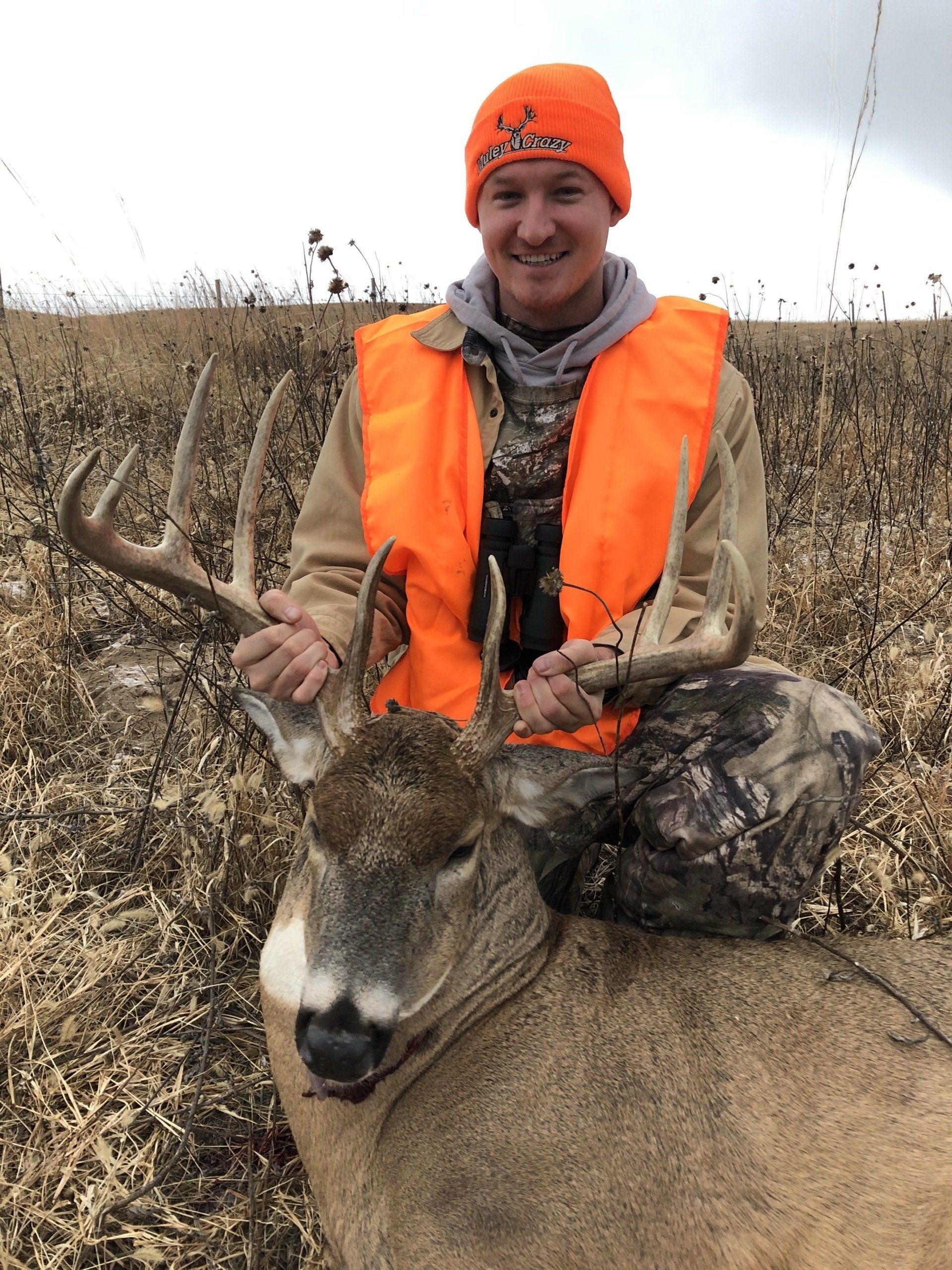 Hunter in orange vest kneels with a deer in a snowy field, holding its antlers.
