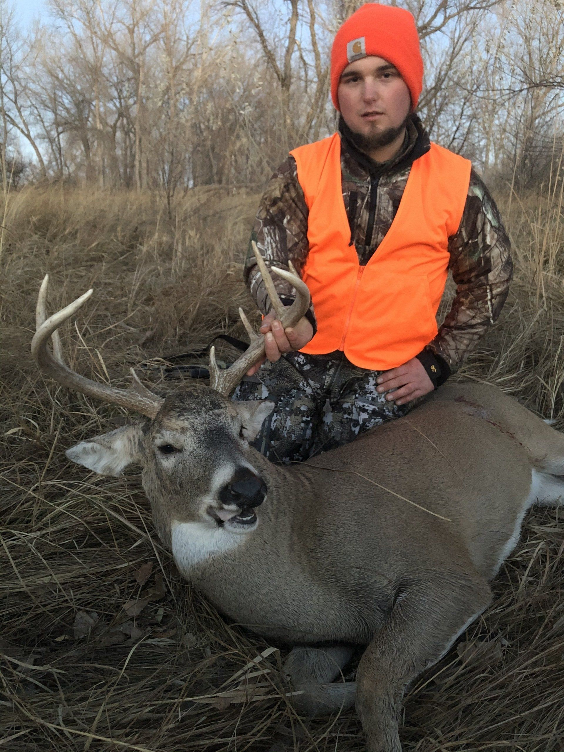 Hunter in orange vest and beanie posing with a deer in a brushy field.