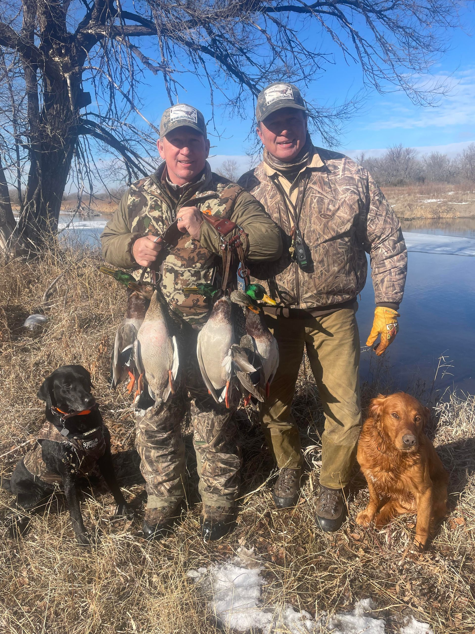 Two hunters holding game birds, with two hunting dogs, standing outdoors by a river under a blue sky.