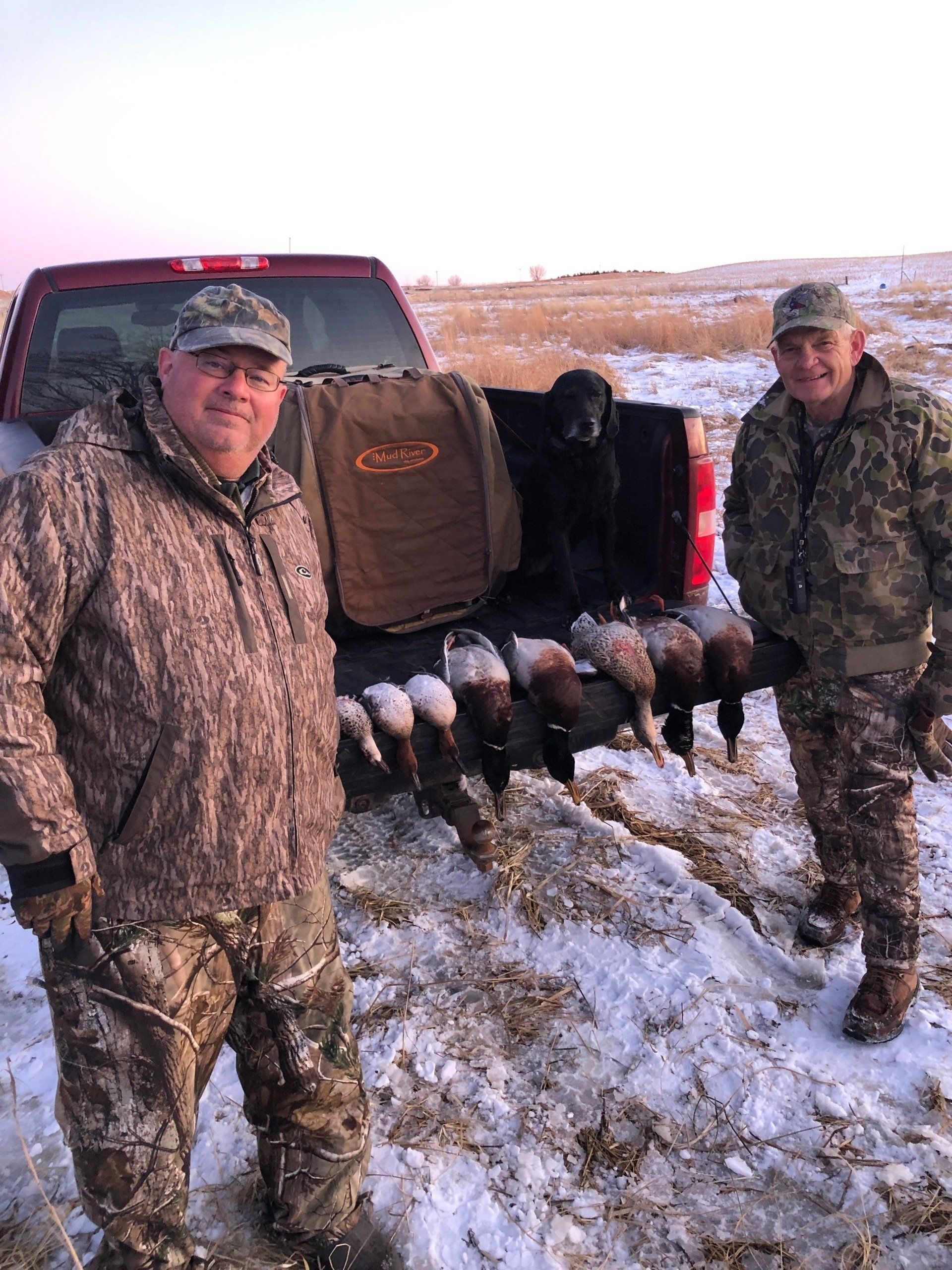 Two hunters pose beside a pickup truck with several pheasants laid out in a snowy field.
