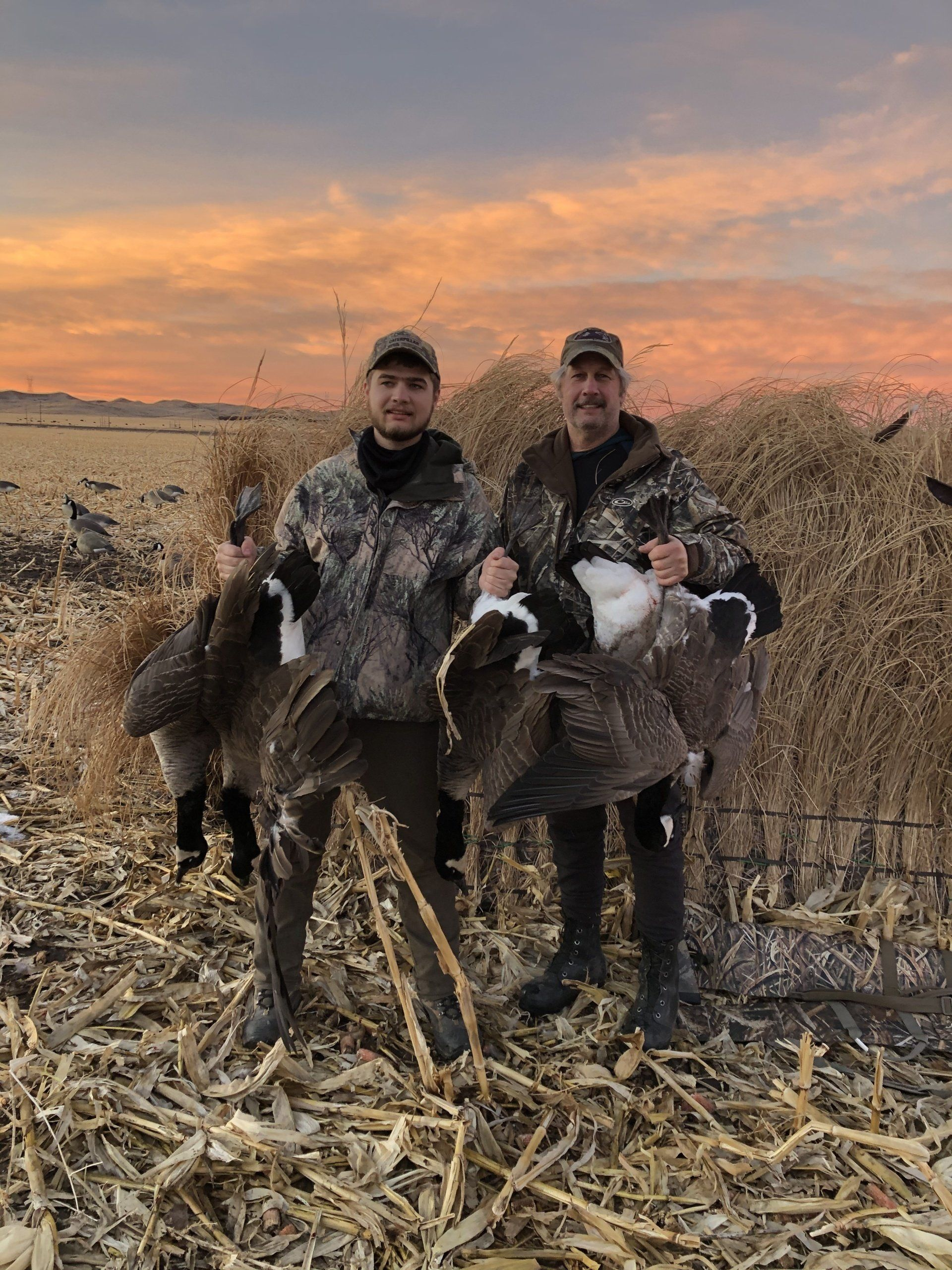 Two hunters posing with two dead deer in a cornfield at sunset