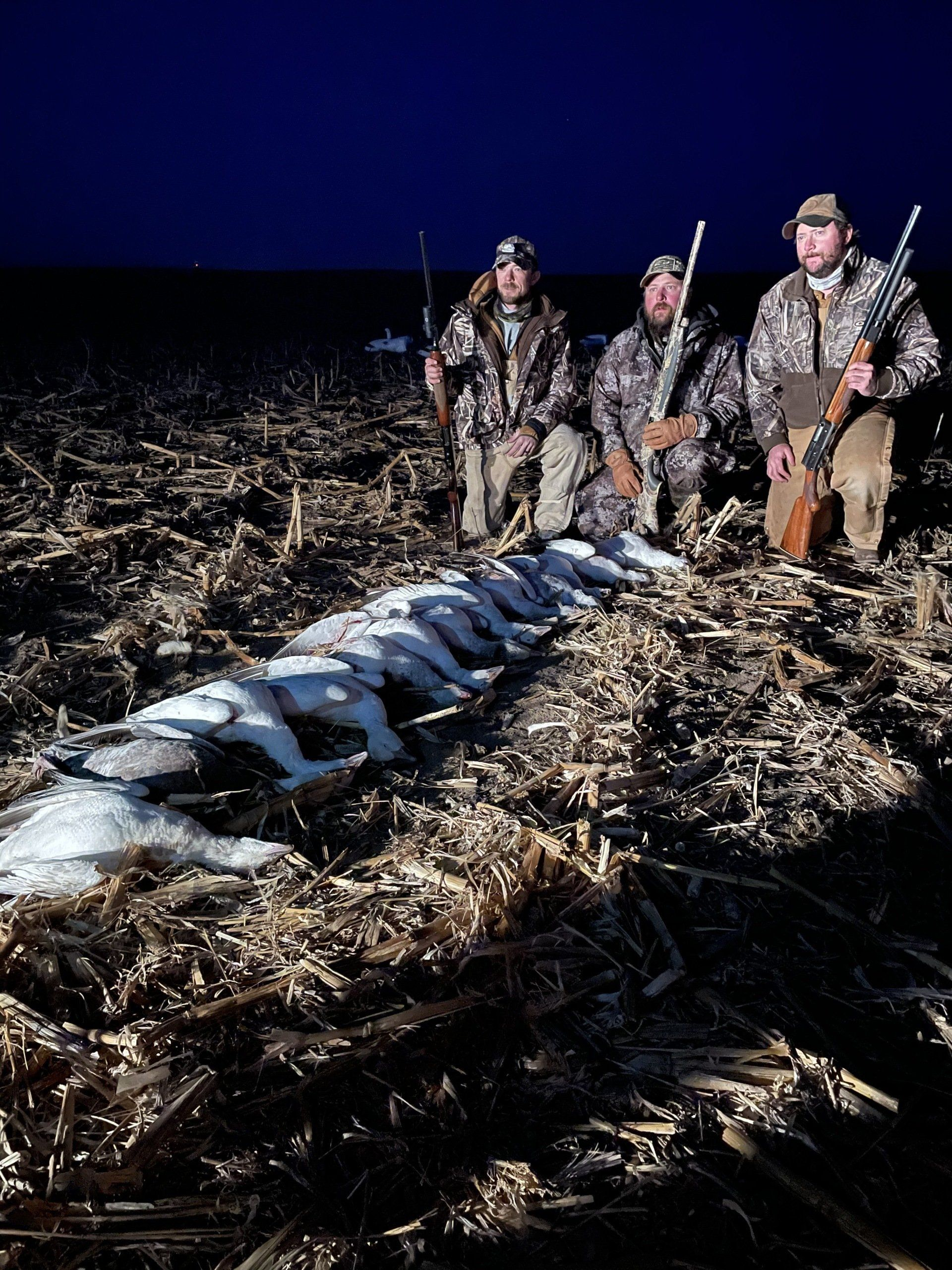 Three hunters kneel beside a line of harvested geese in a dark field at night.