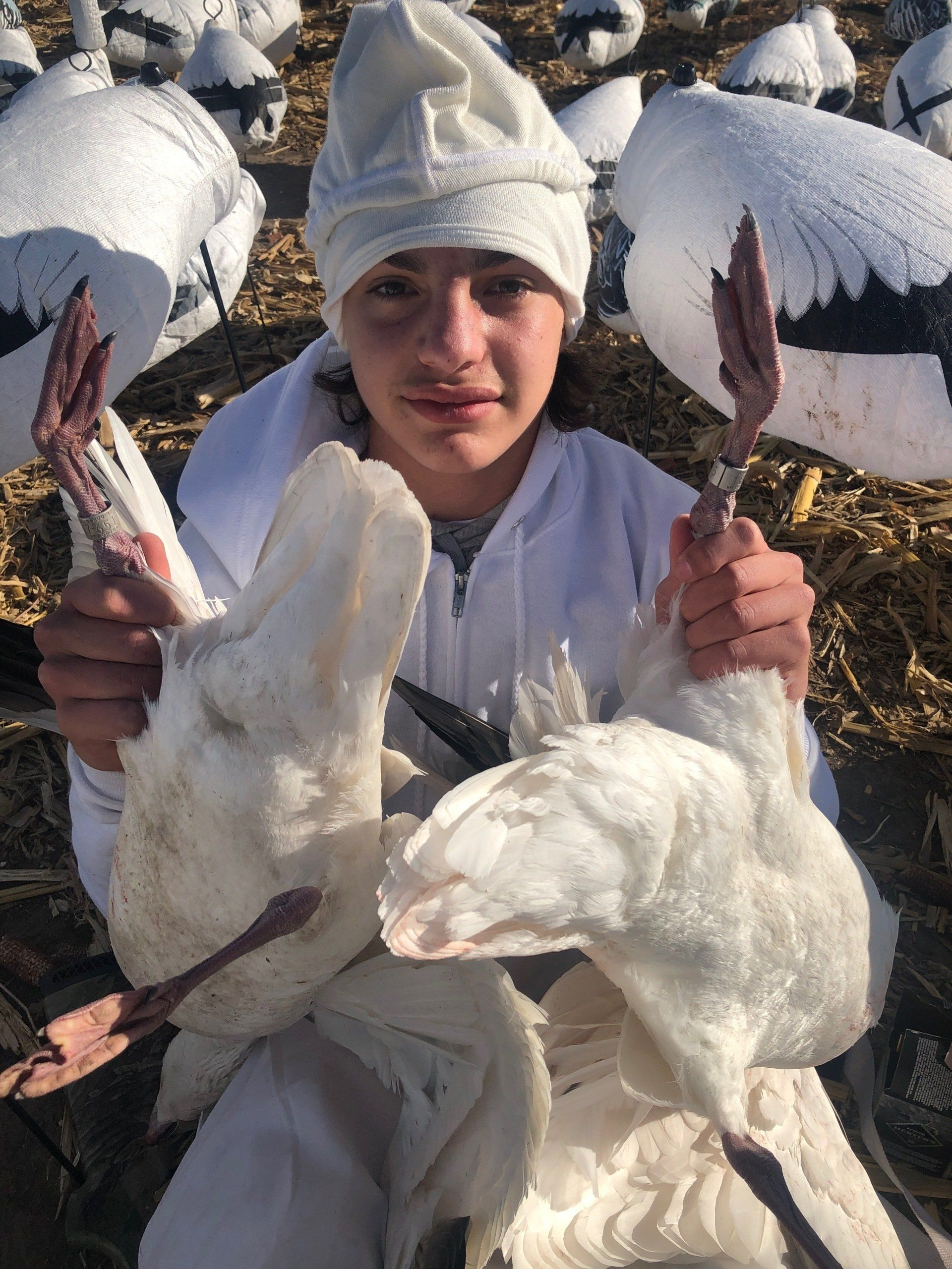 Person in winter clothing holding two white geese in a snowy outdoor setting