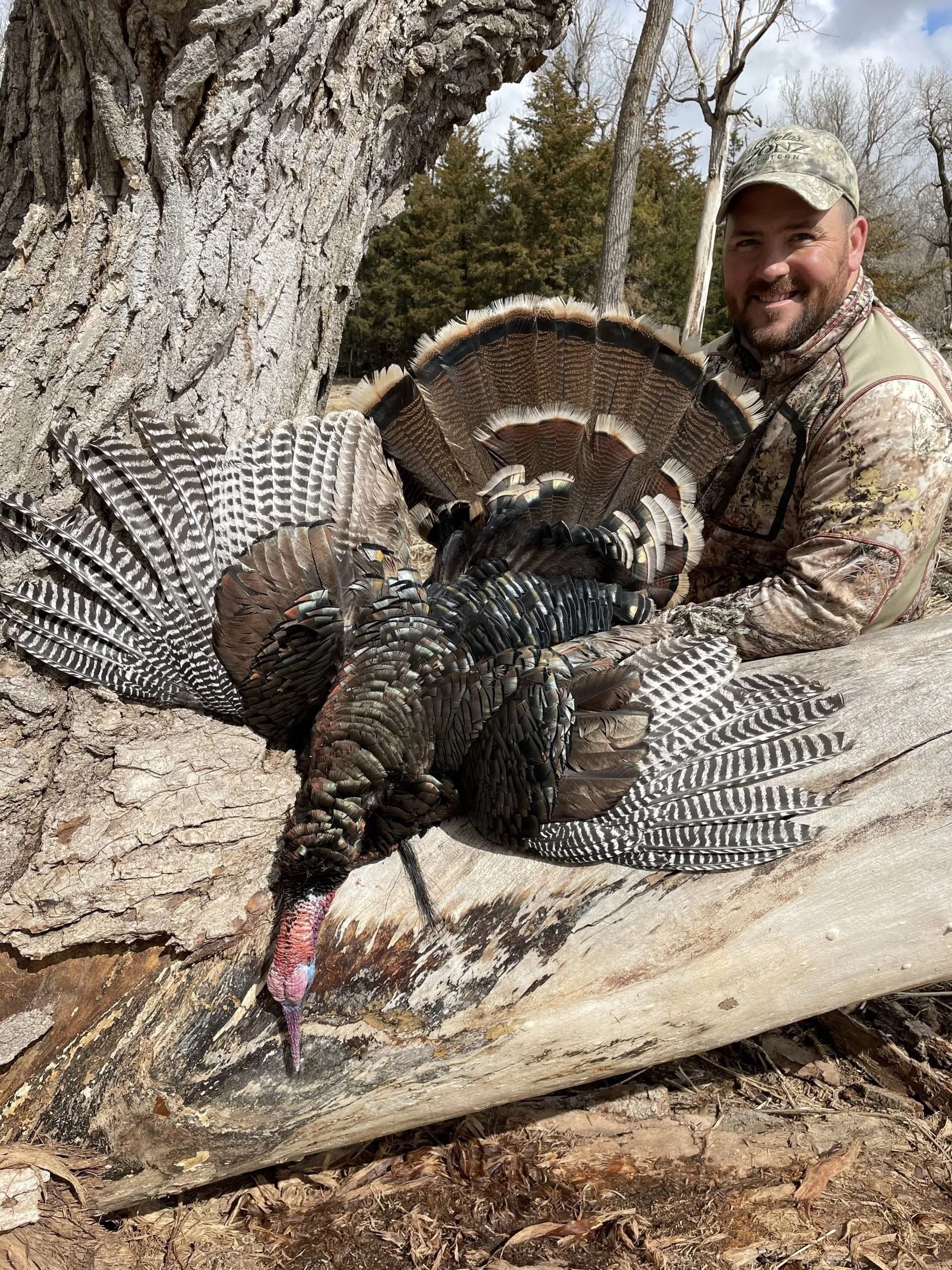 Hunter kneeling beside a large wild turkey with fanned tail in a wooded setting