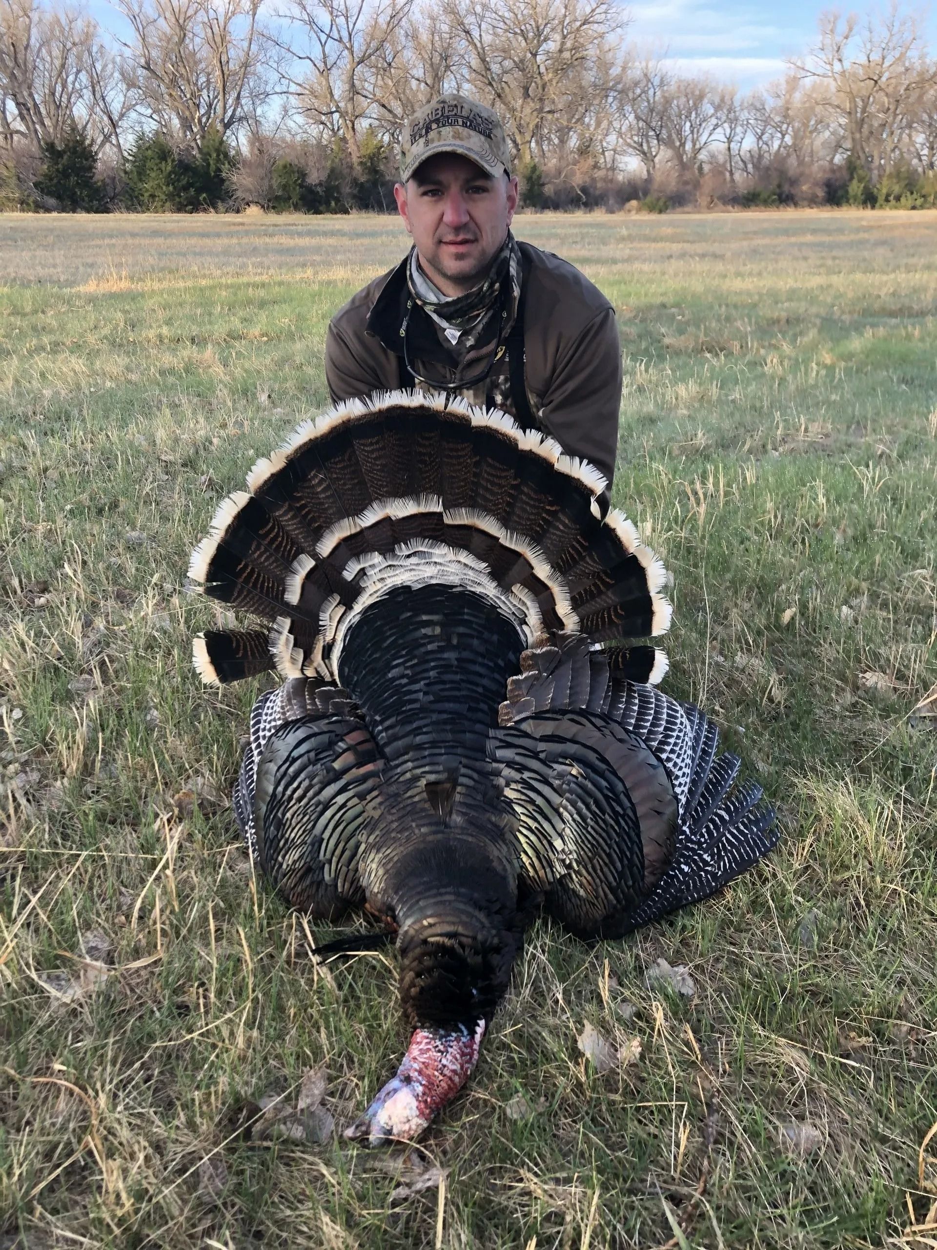 Hunter kneels behind a large wild turkey in a grassy field with trees in the background.