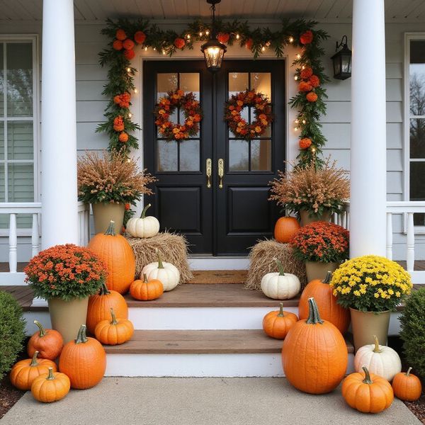 Autumn porch decor with pumpkins, wreaths, and mums.