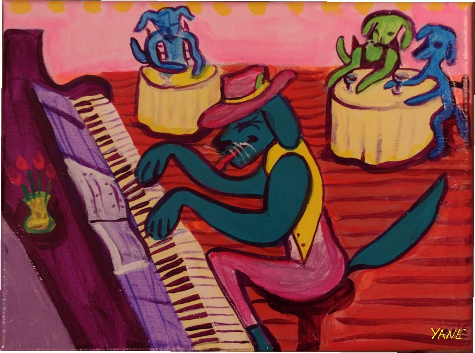 Abstract painting of a person playing piano with colorful figures on drums in a vibrant room