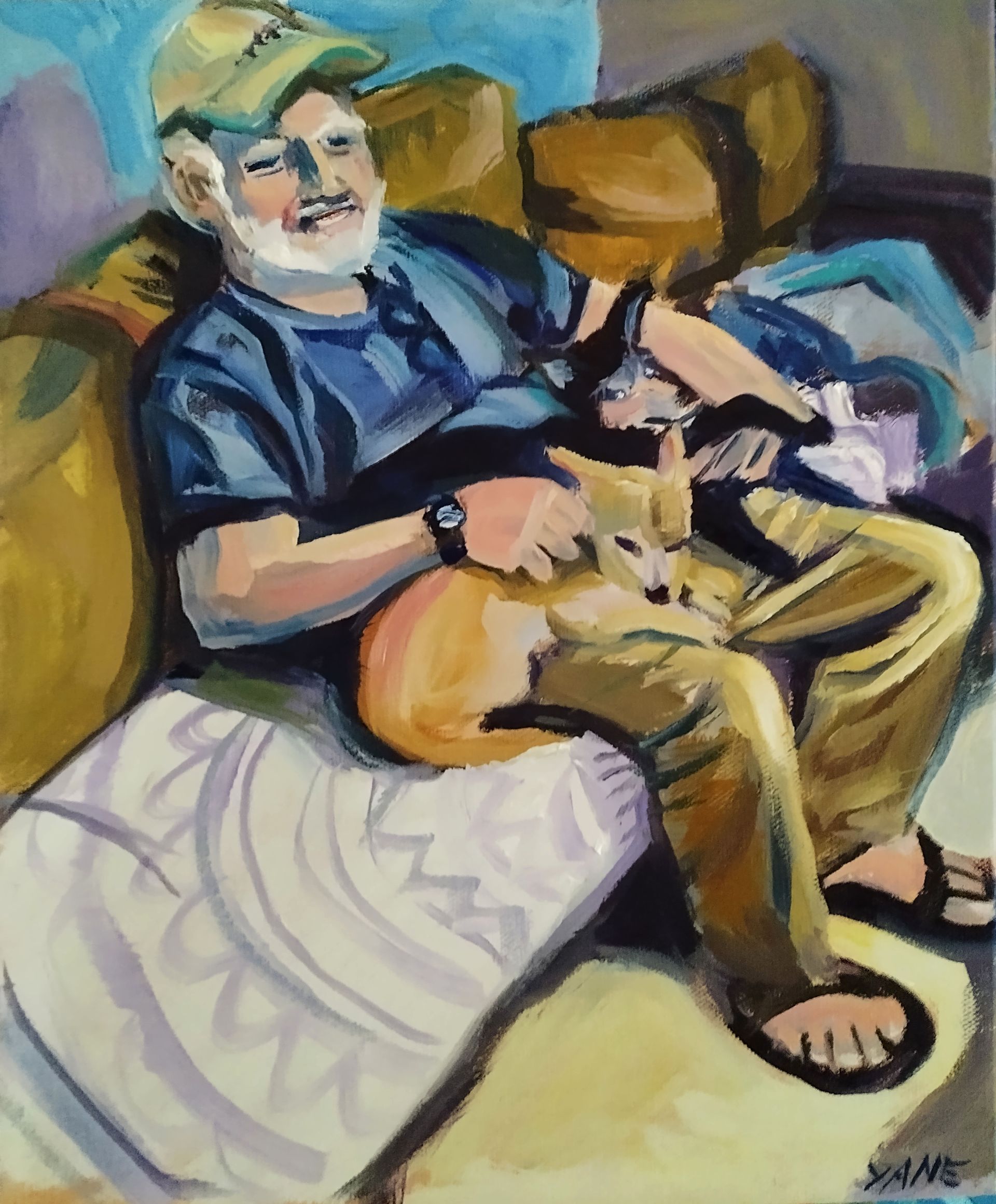 Person reclining on a couch in a painterly scene, wearing a blue shirt and sandals, holding an object.