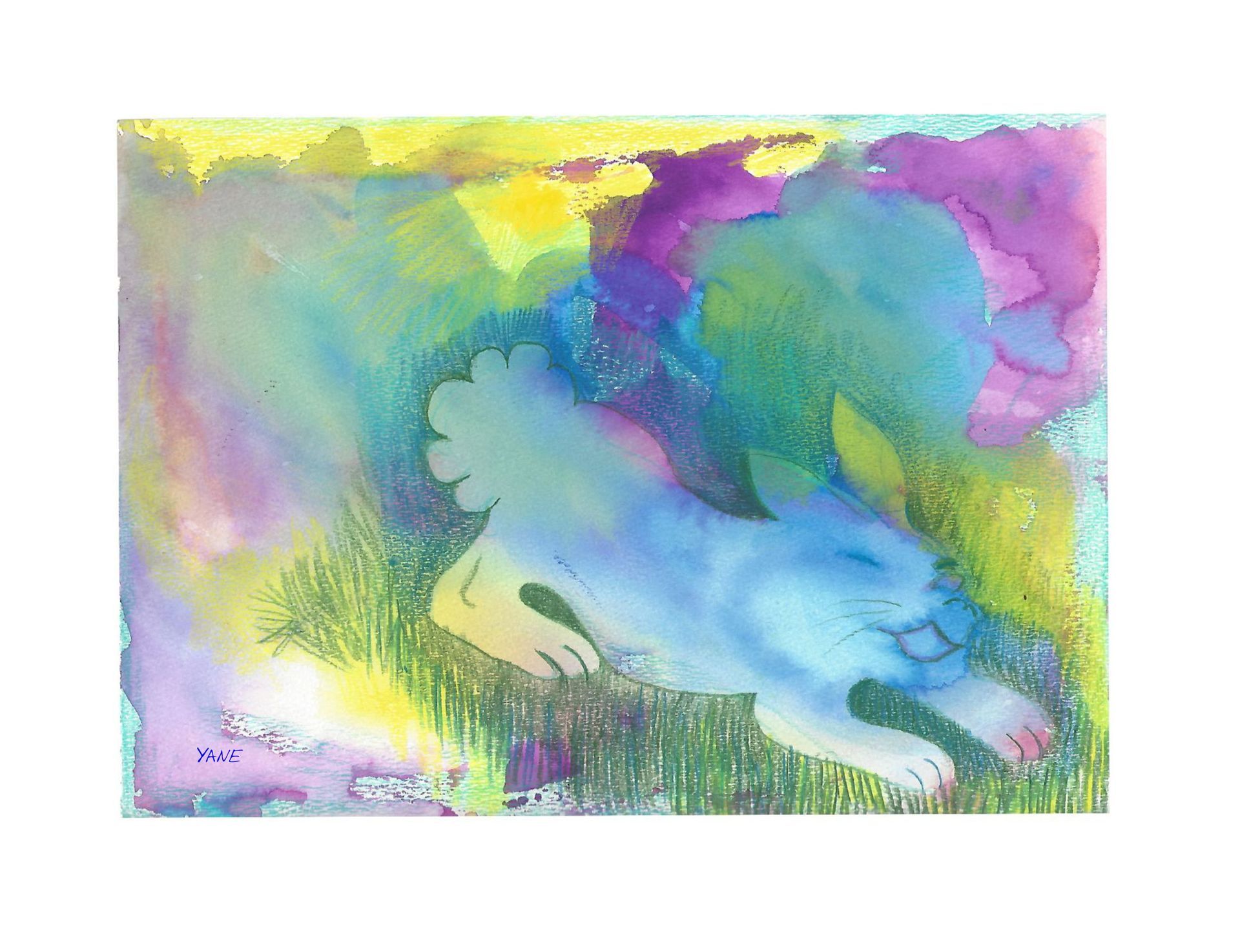 Colorful abstract watercolor with pastel clouds, blue and green swirls, and a white animal-like silhouette