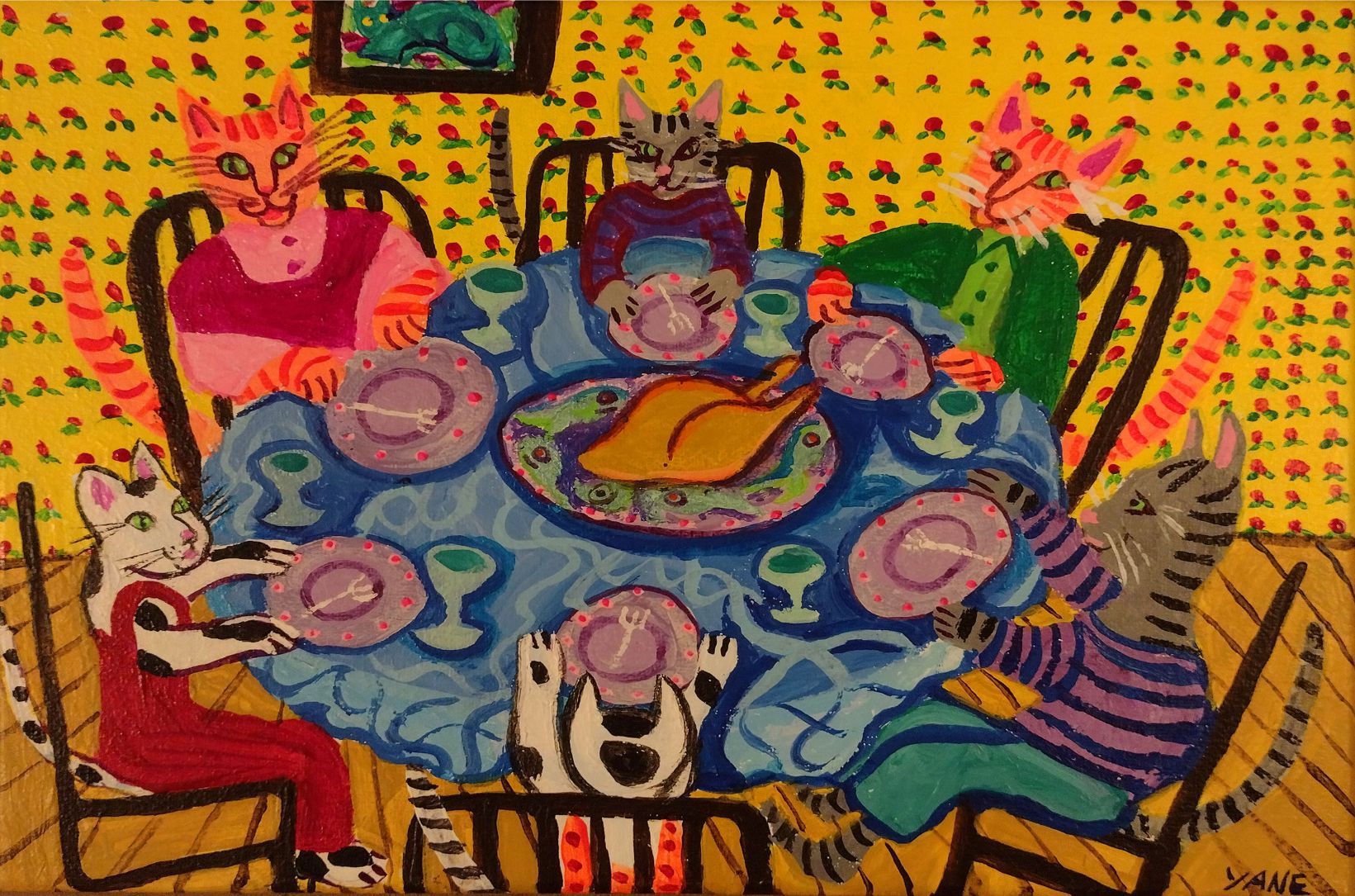 A colorful abstract painting of people seated around a blue table with plates and cups.