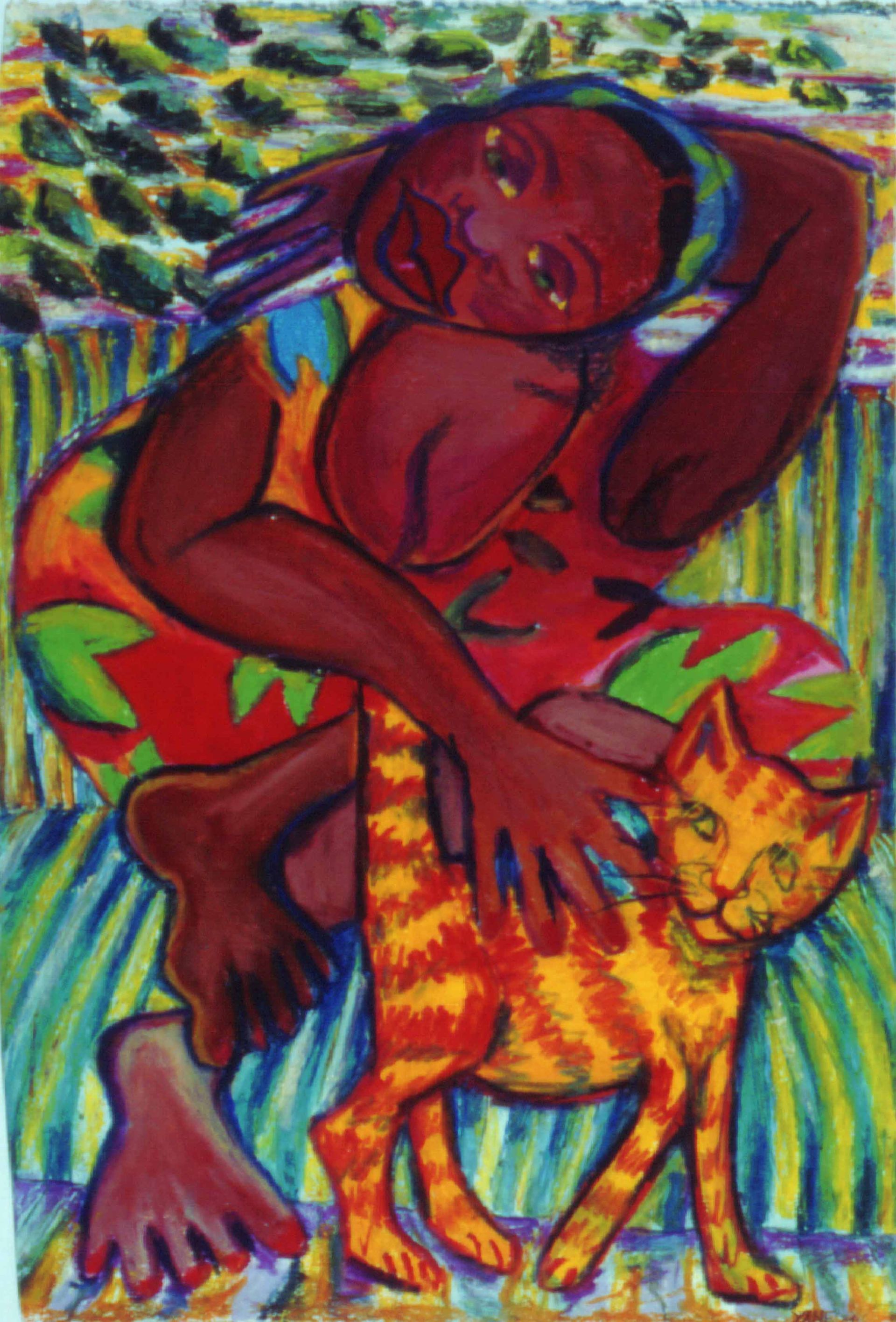 Colorful painting of a person crouching beside an orange cat in a striped, leafy setting.