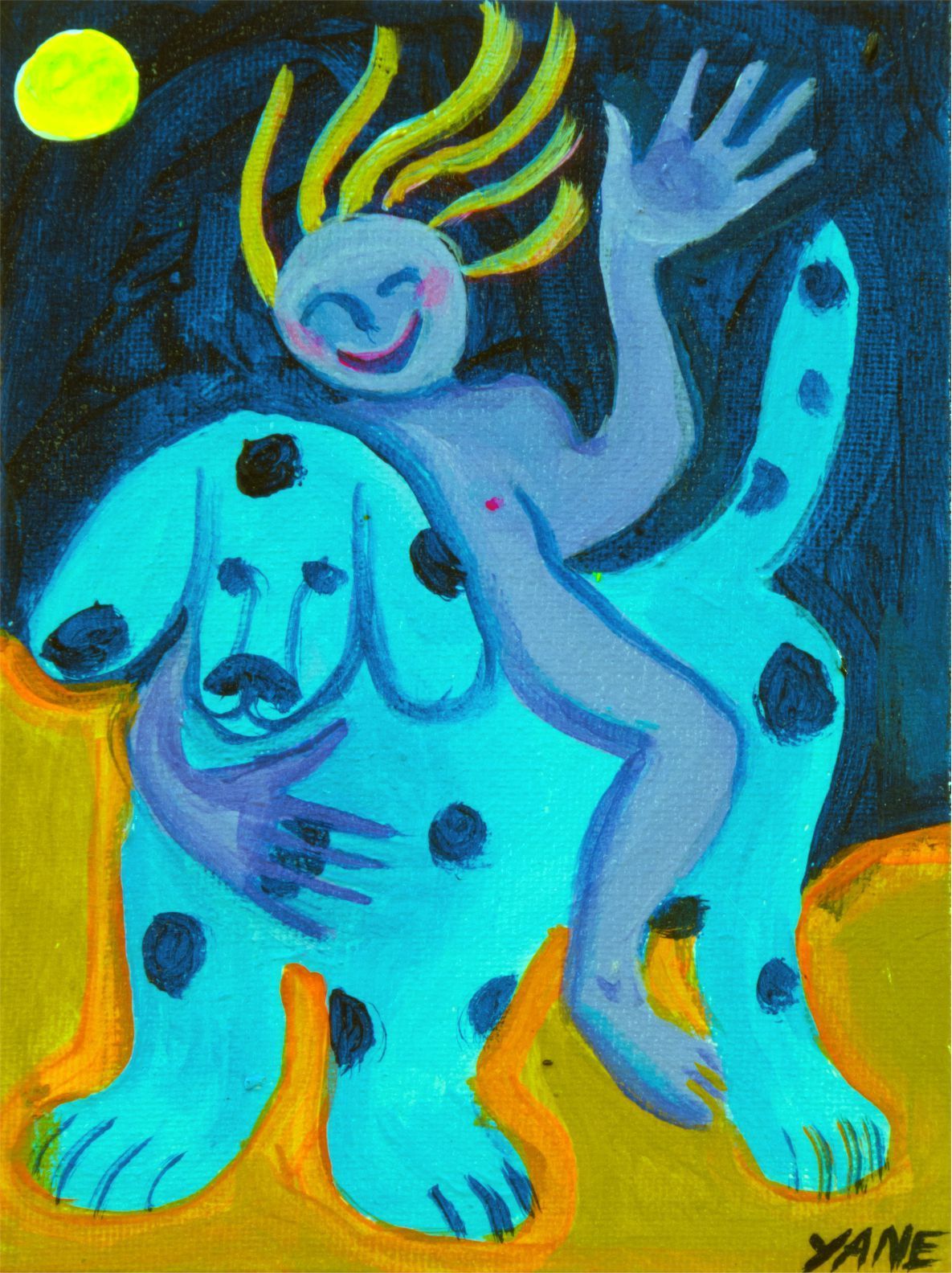 Abstract painting of a smiling child riding a spotted dog under a bright yellow moon.