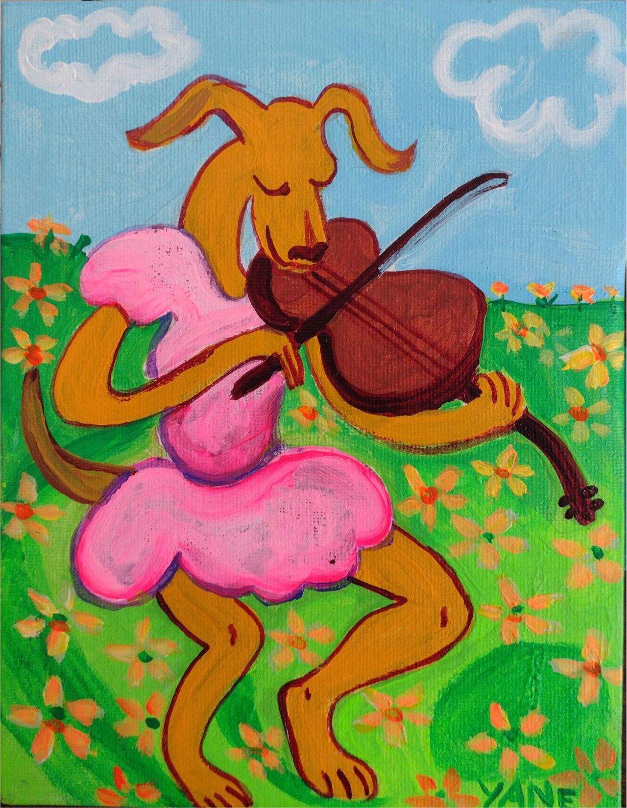Cartoon dog playing violin in a pink shirt and green scarf, standing in a flowered meadow under a blue sky