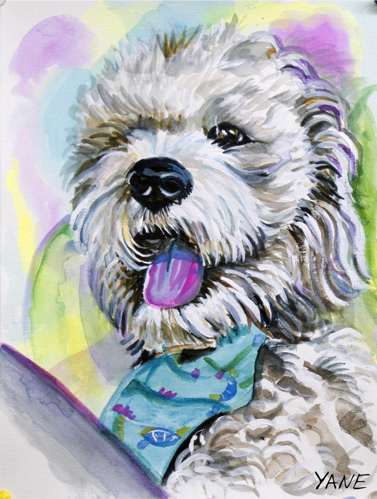 Colorful watercolor portrait of a fluffy white dog with tongue out and purple-blue collar, on a pastel background