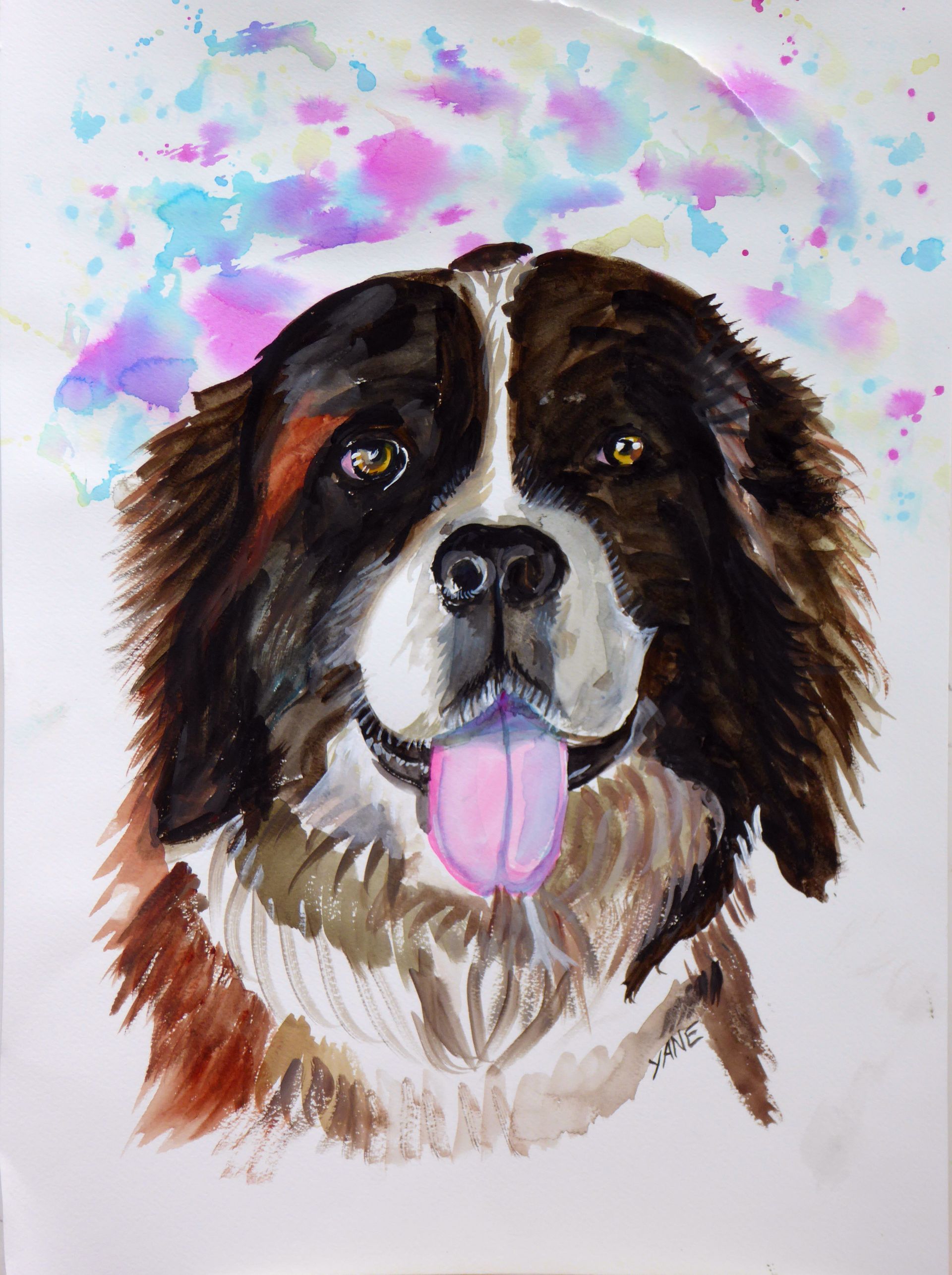Watercolor portrait of a Saint Bernard with a pink tongue and colorful pastel background