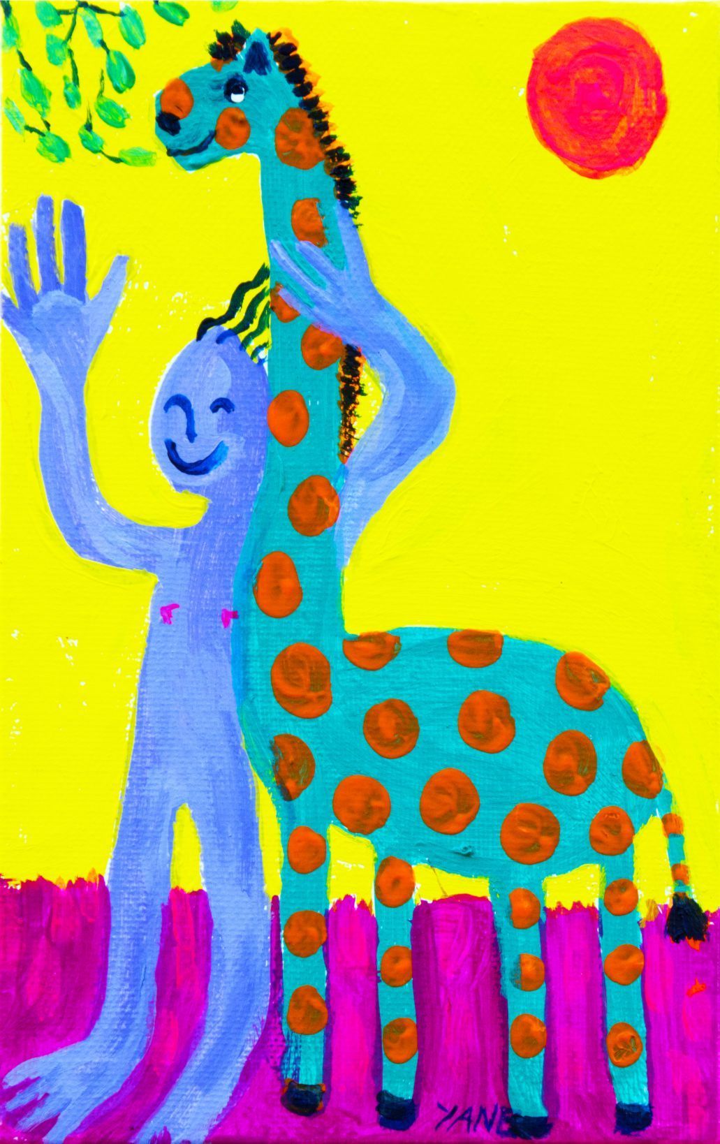 Colorful painting of a blue child beside a spotted giraffe under a red sun.