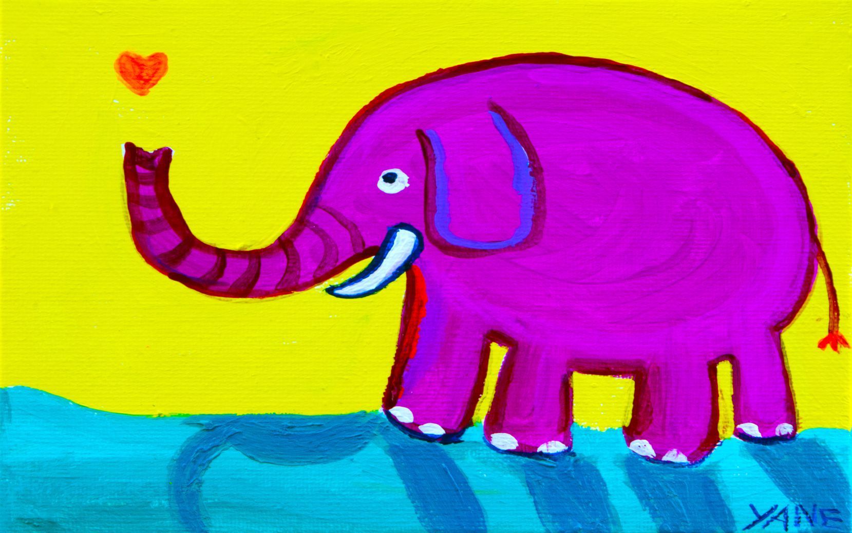 Purple elephant with raised trunk near blue water and a small red heart on a yellow background