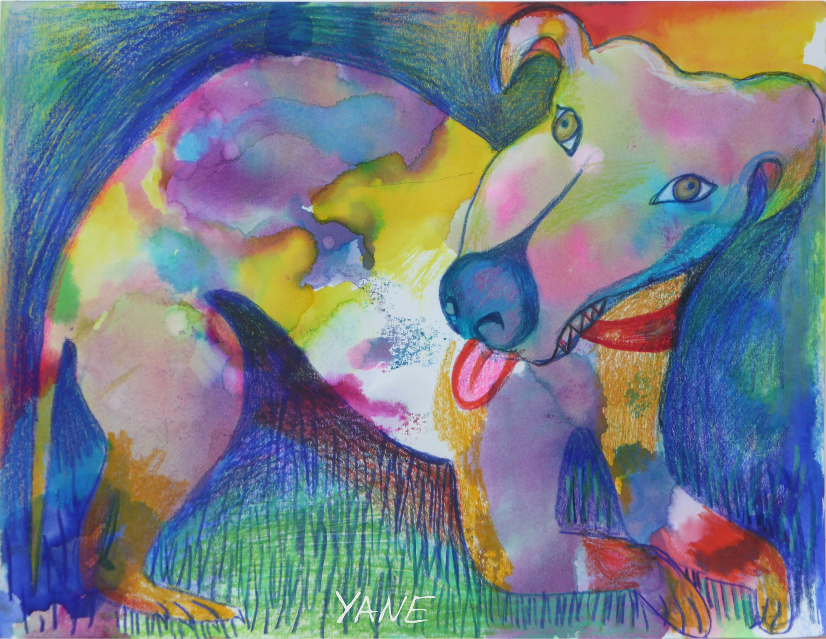 Colorful painting of a white dog with blue eyes and red collar, set against a swirling rainbow background