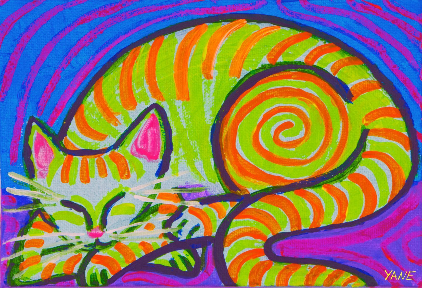 Colorful abstract drawing of a sleeping cat with neon stripes and a spiral tail on a purple background