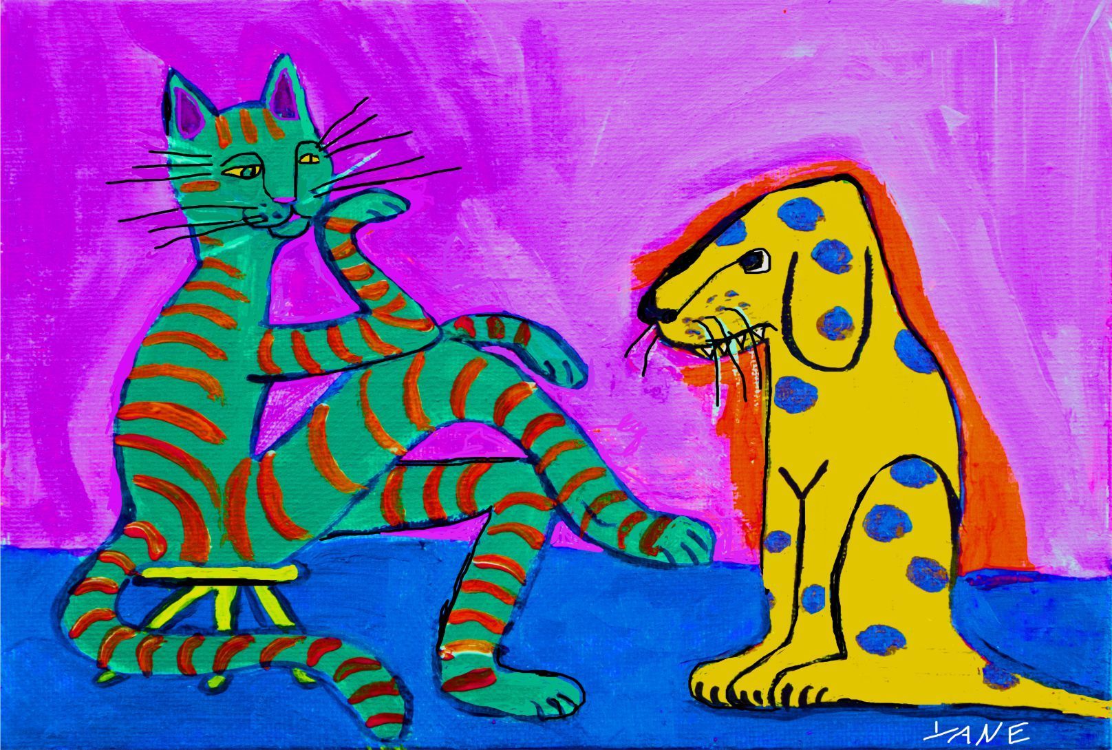 Two colorful cartoon cats facing each other on a purple and blue background.