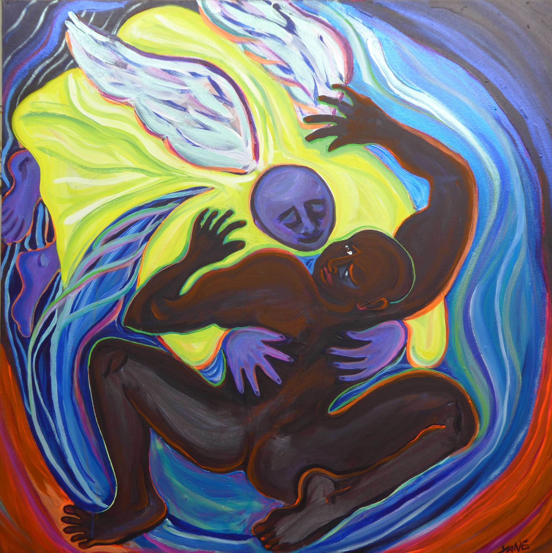 Two abstract figures intertwined in a colorful swirling background, with bright blue, yellow, and red hues.