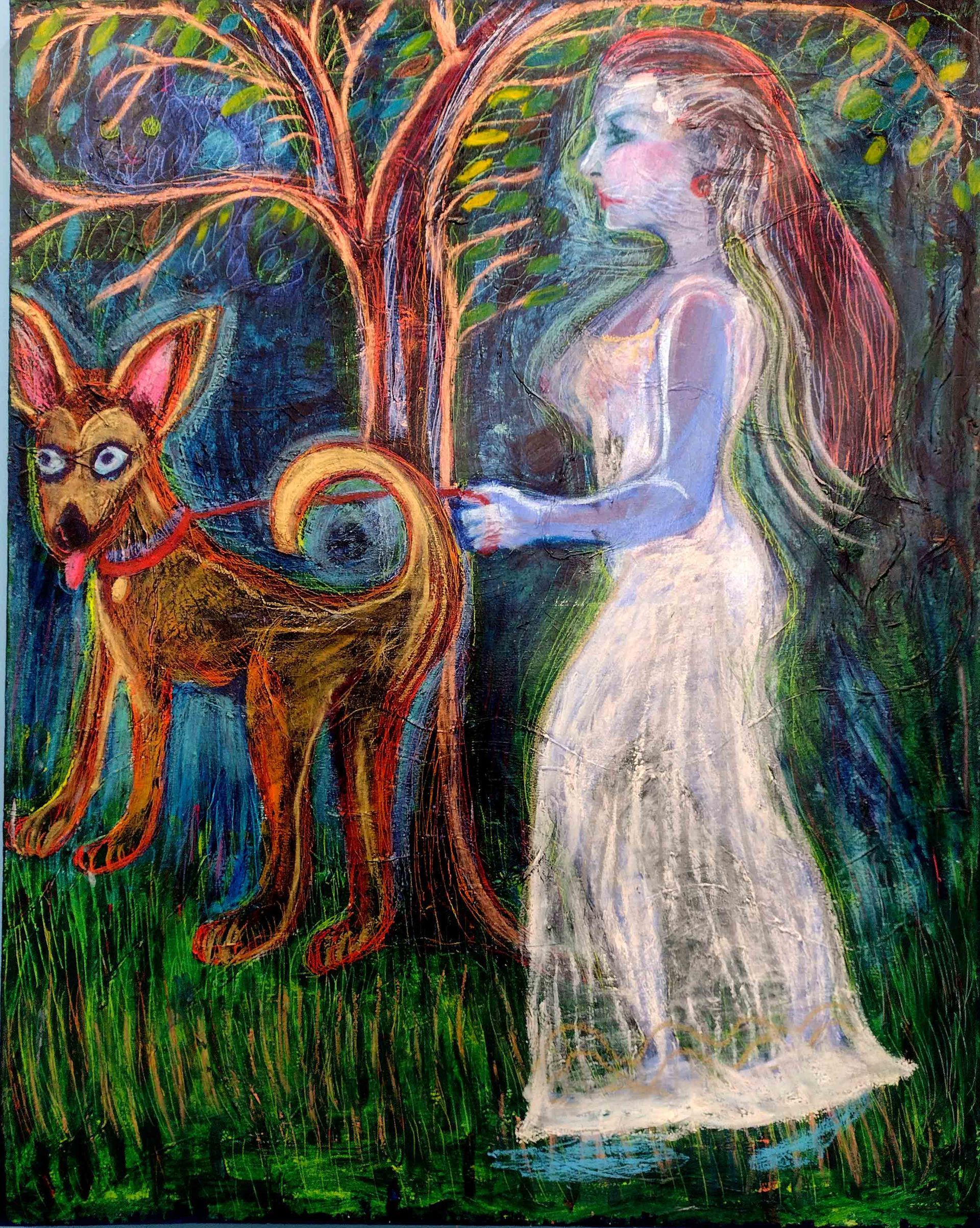 White-robed figure beside a fox in a colorful forest scene