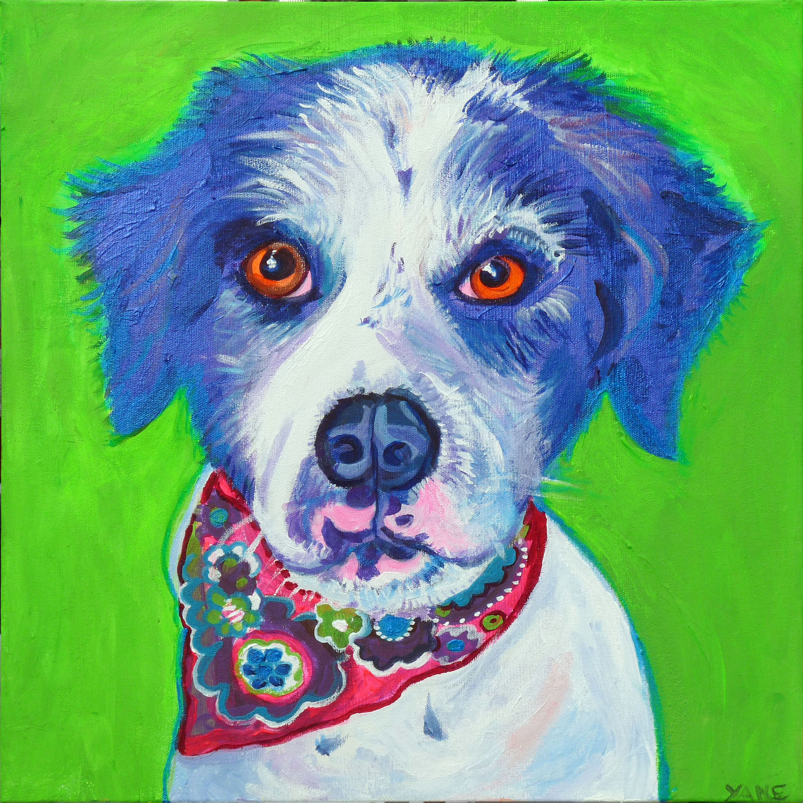 Dog portrait with blue and white fur, orange eyes, wearing a pink patterned bandana, against a green background.