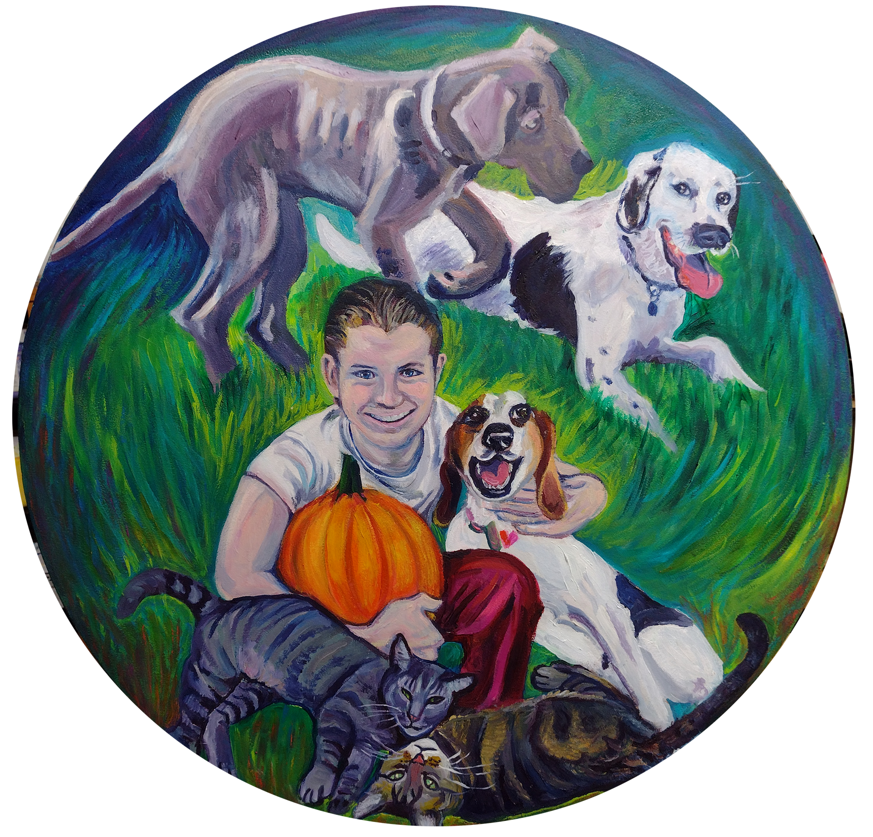 Man hugs dog, surrounded by other pets and pumpkin in a circular, green setting.