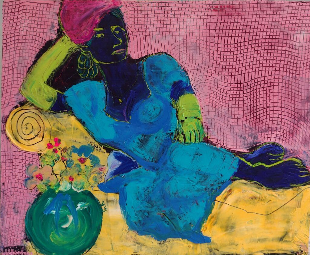 Woman in blue dress reclines on yellow sofa, pink background, green vase with flowers, pink head wrap.