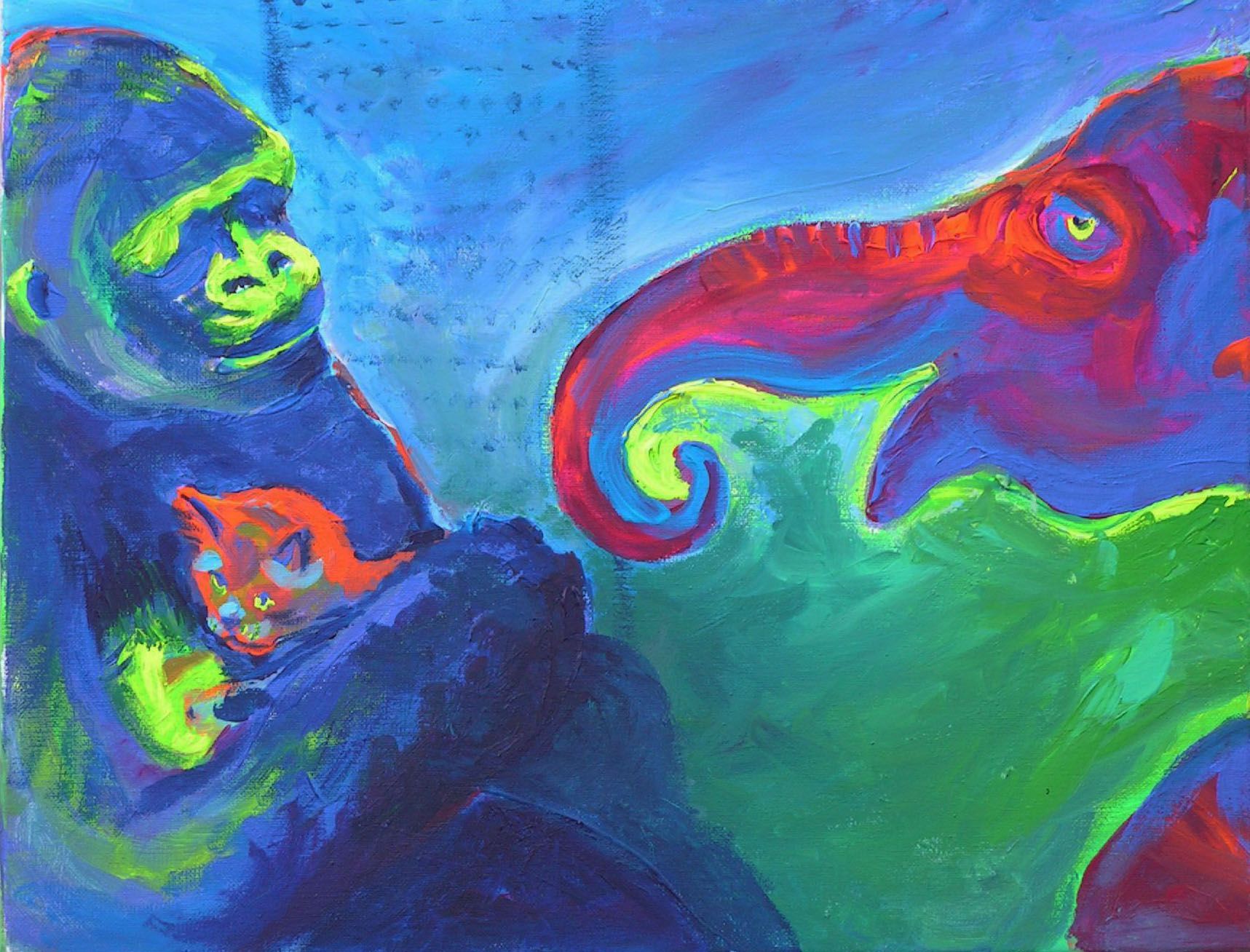 Colorful abstract painting of a face beside a curled red elephant-like figure on a blue-green background