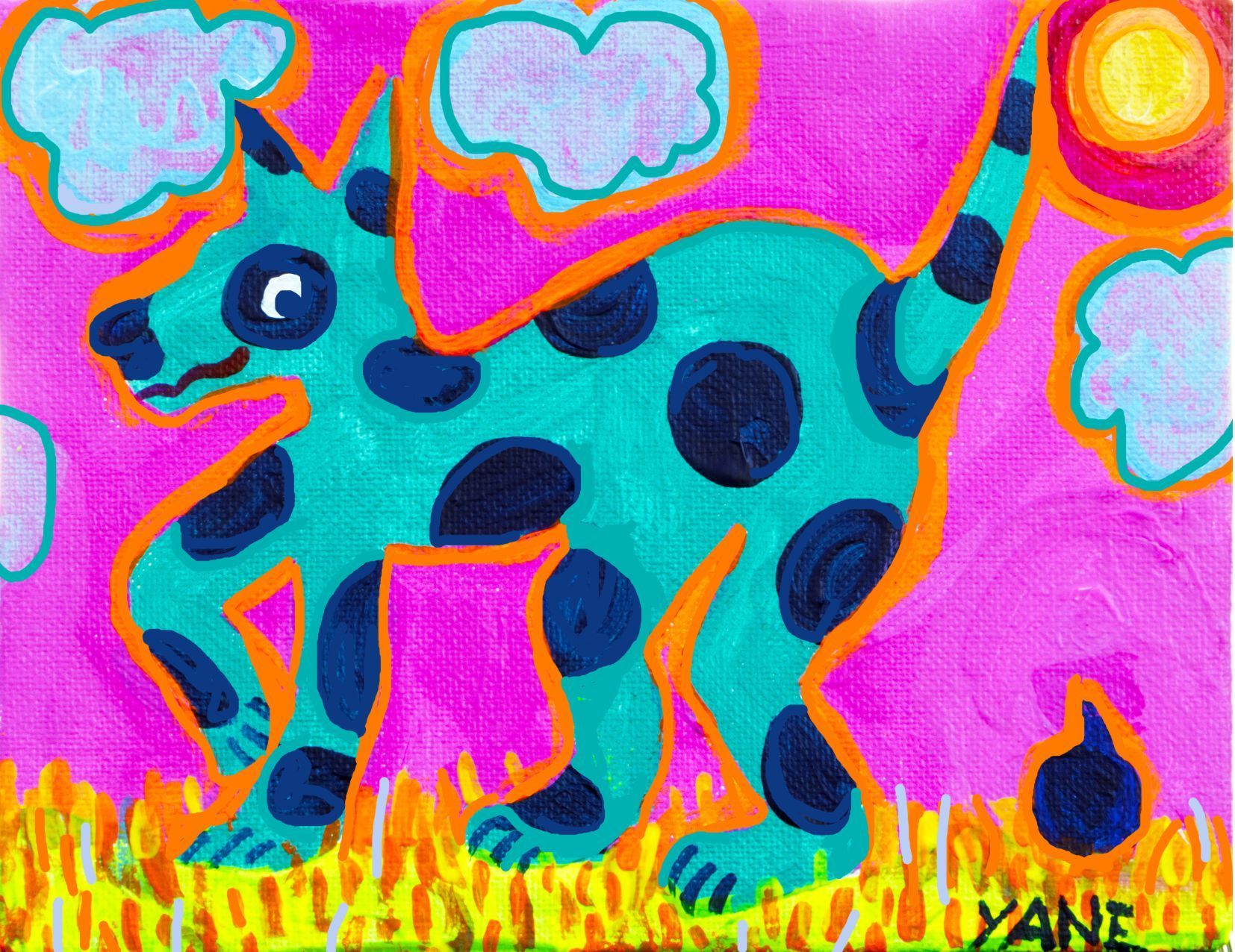Colorful spotted dog standing in grass under a bright sun and clouds