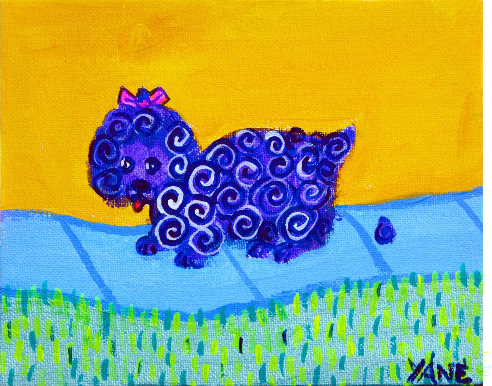 Purple curly sheep in a blue field with green grass under a yellow sky