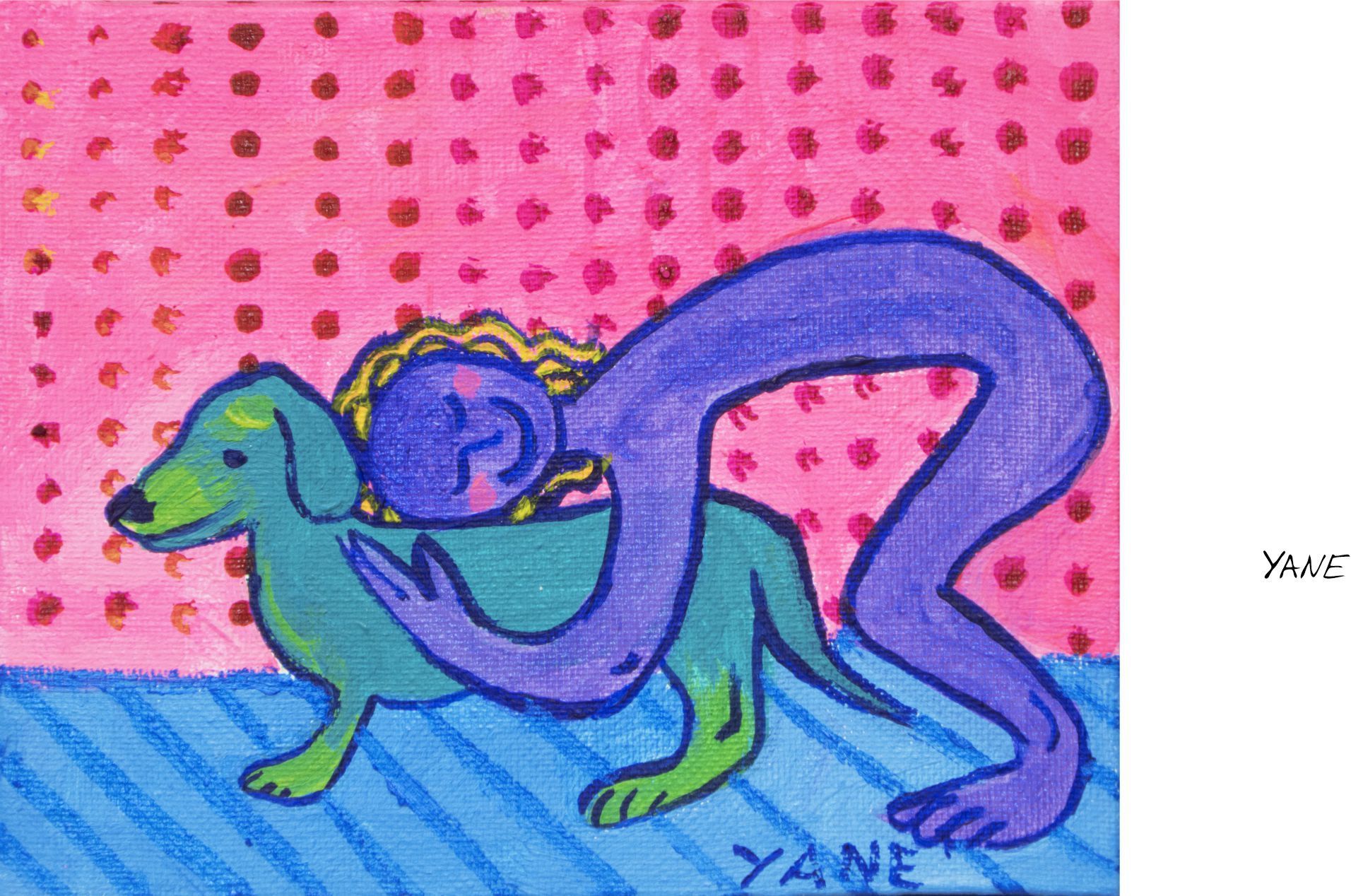 Two colorful cartoon animal figures intertwined on a pink polka-dot background with a blue floor
