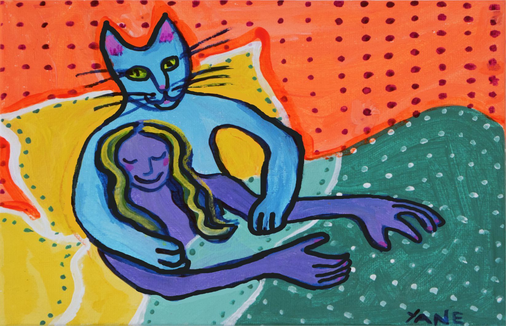 Blue cat-like figure embracing a purple reclining person on a colorful dotted background