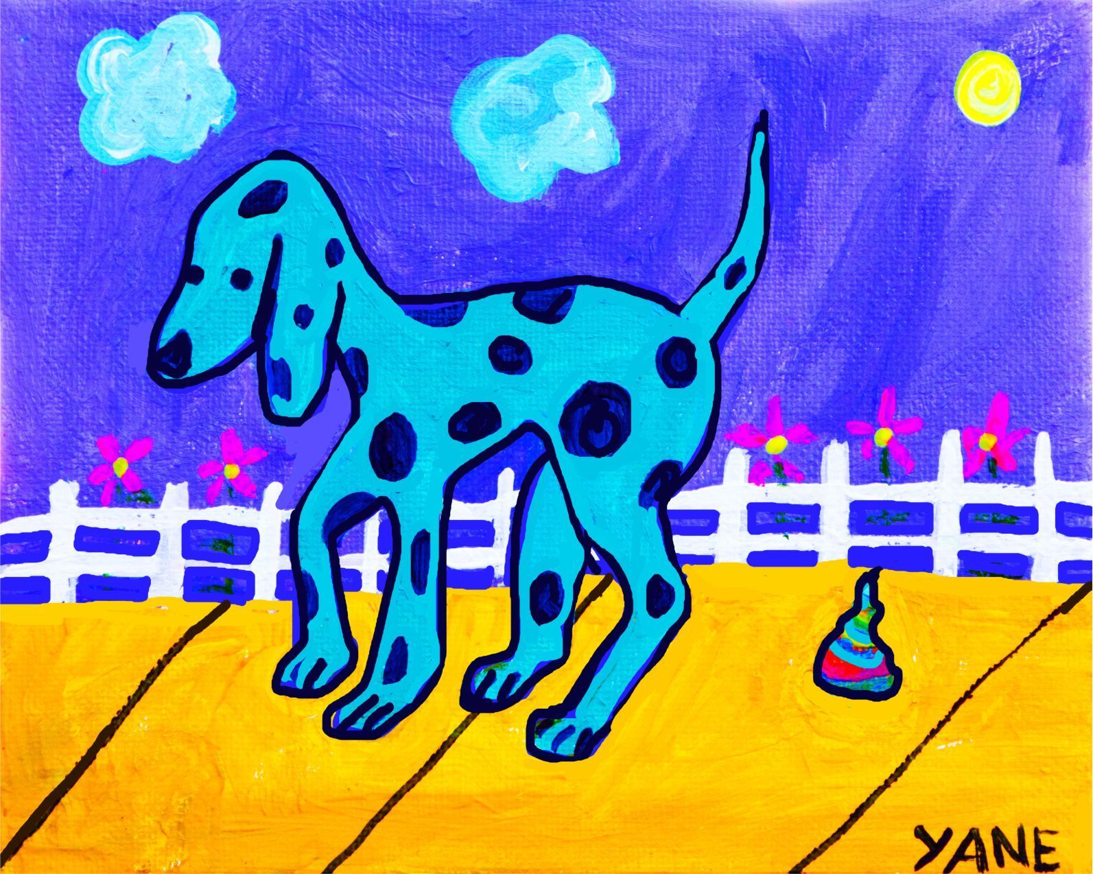Blue spotted dog in a purple yard with a white fence, clouds, a sun, and a small toy cone on the ground.