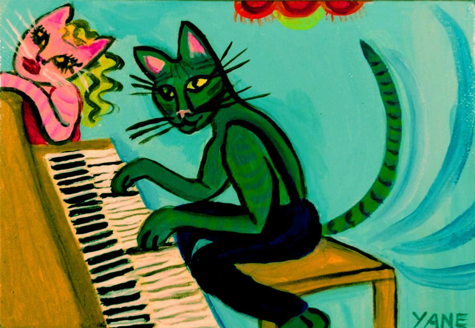 Two stylized cats play a piano, one pink and one green, in a colorful painting.