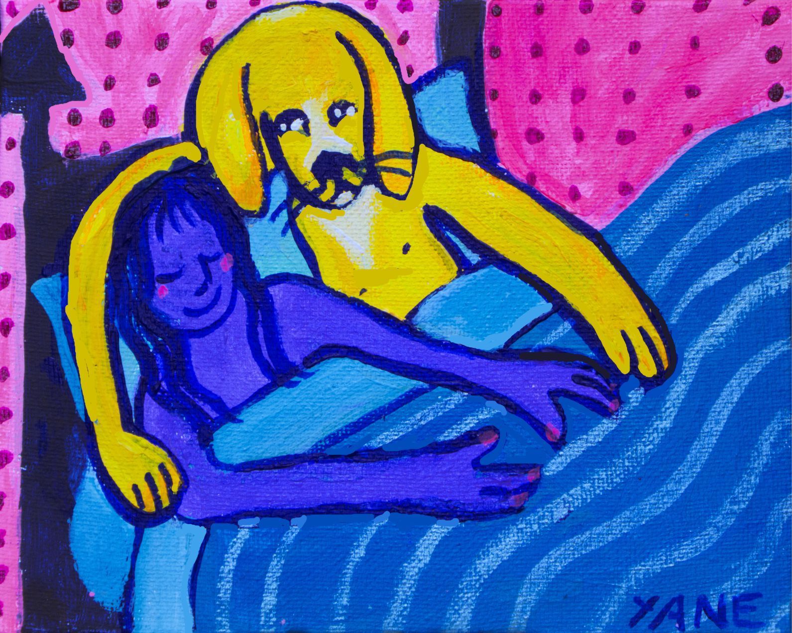 Two intertwined figures in blue and yellow float in a pink, wavy background.