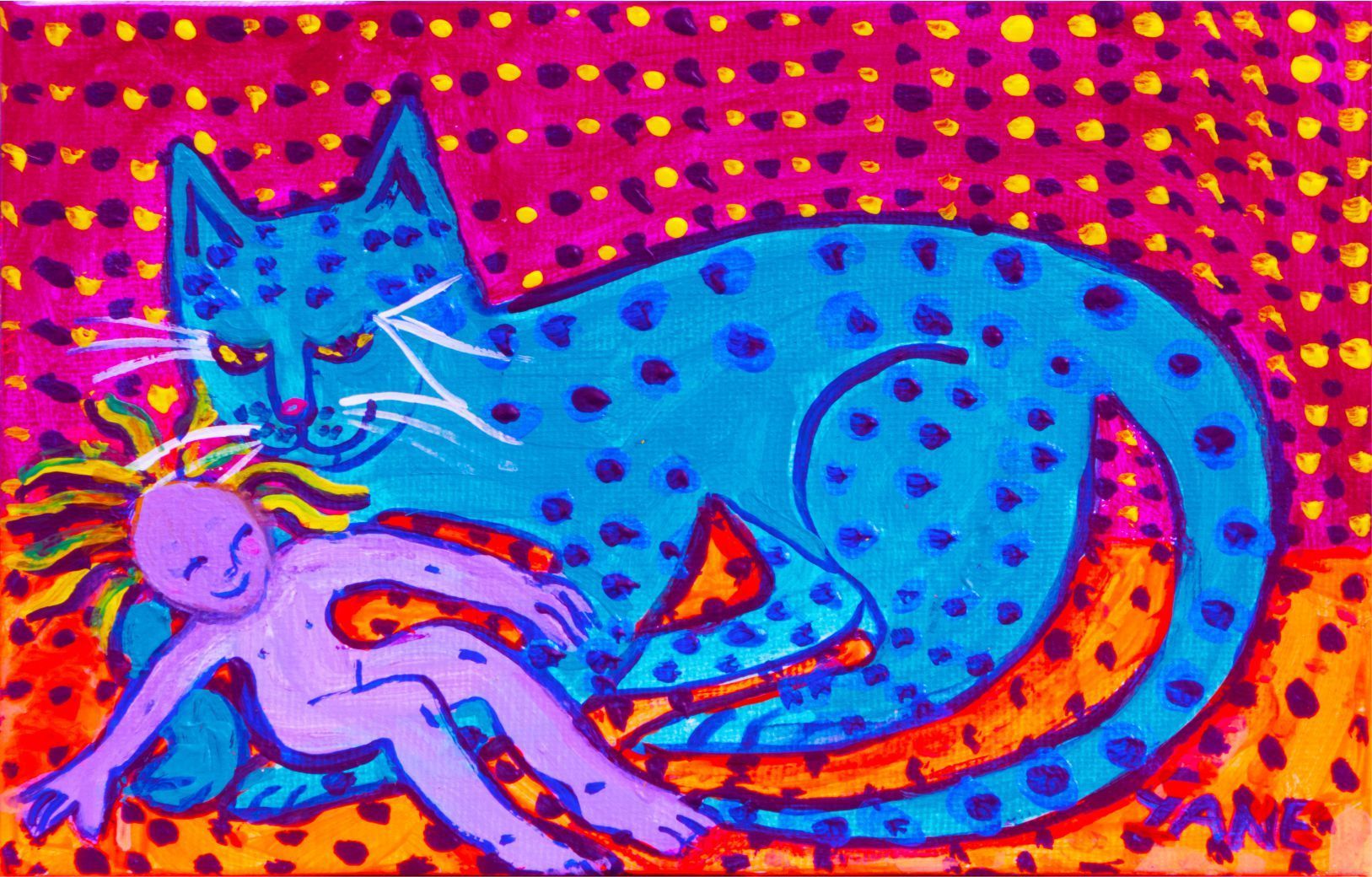 Blue spotted cat cuddling a pink doll on a bright red and yellow polka-dot background