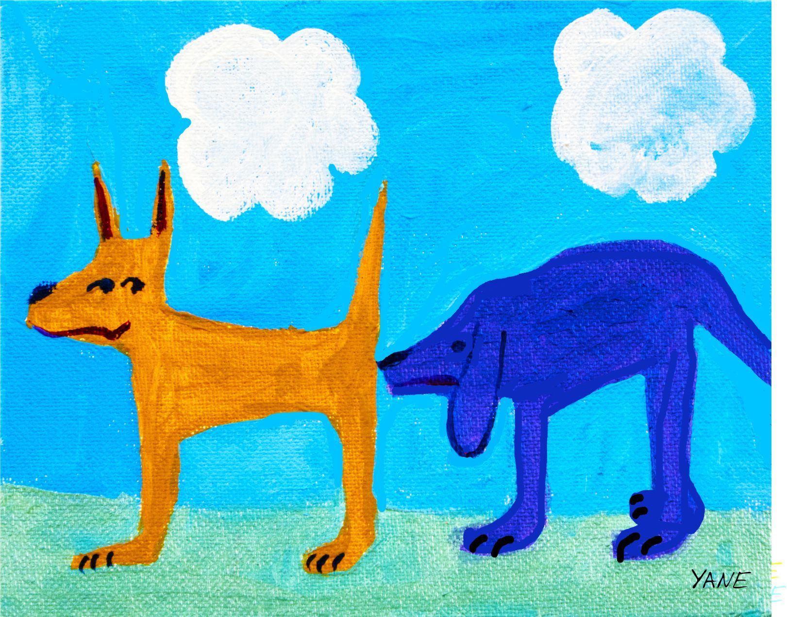 Orange dog and blue dog on grass under white clouds against a bright blue sky.