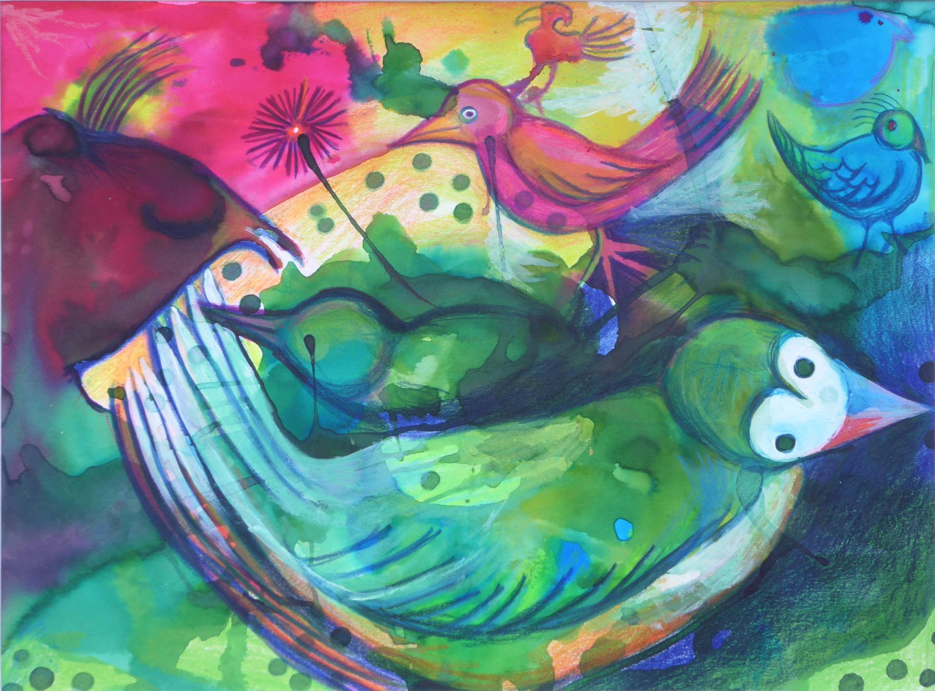 Colorful abstract painting of a bird with a green body, pink wings, and a white face on a vibrant background