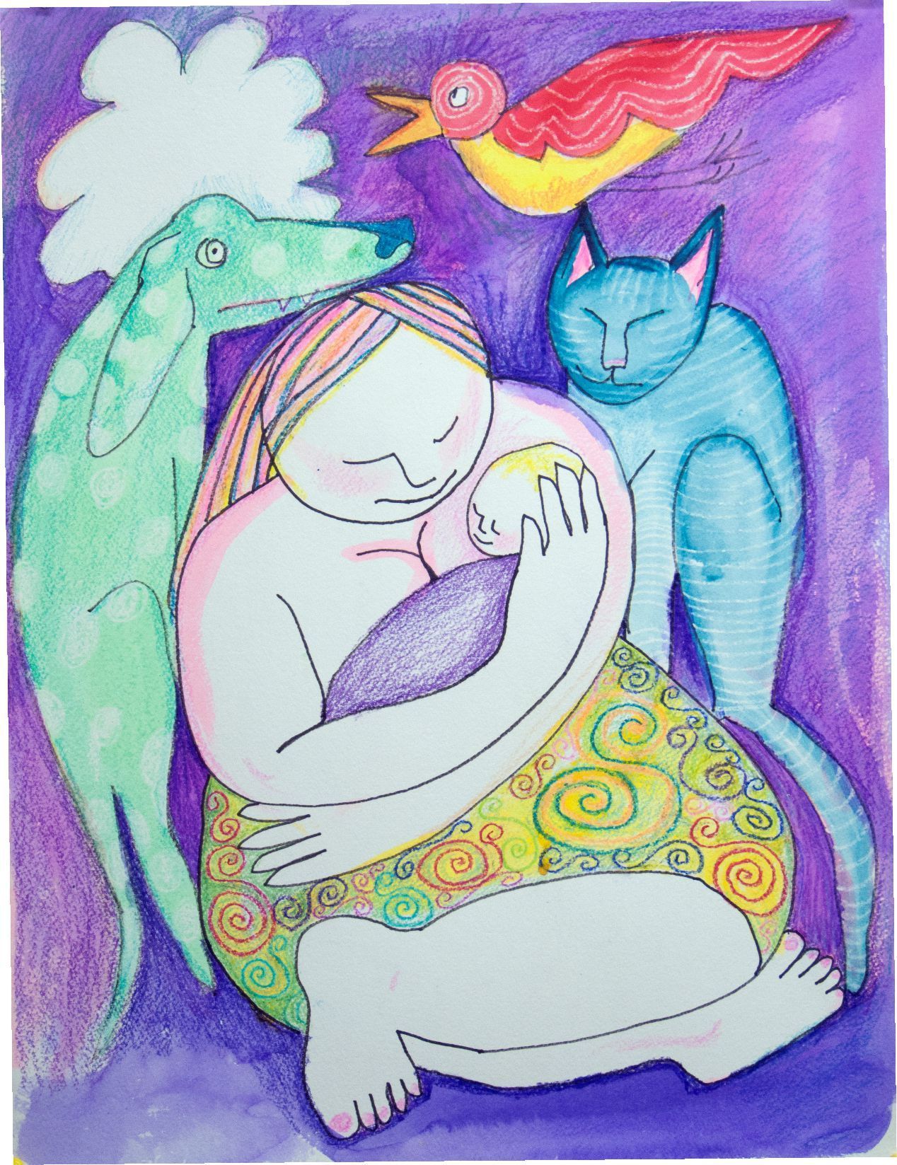 Colorful abstract drawing of a person hugging a baby, with a green cat, blue cat, and pink bird around them.