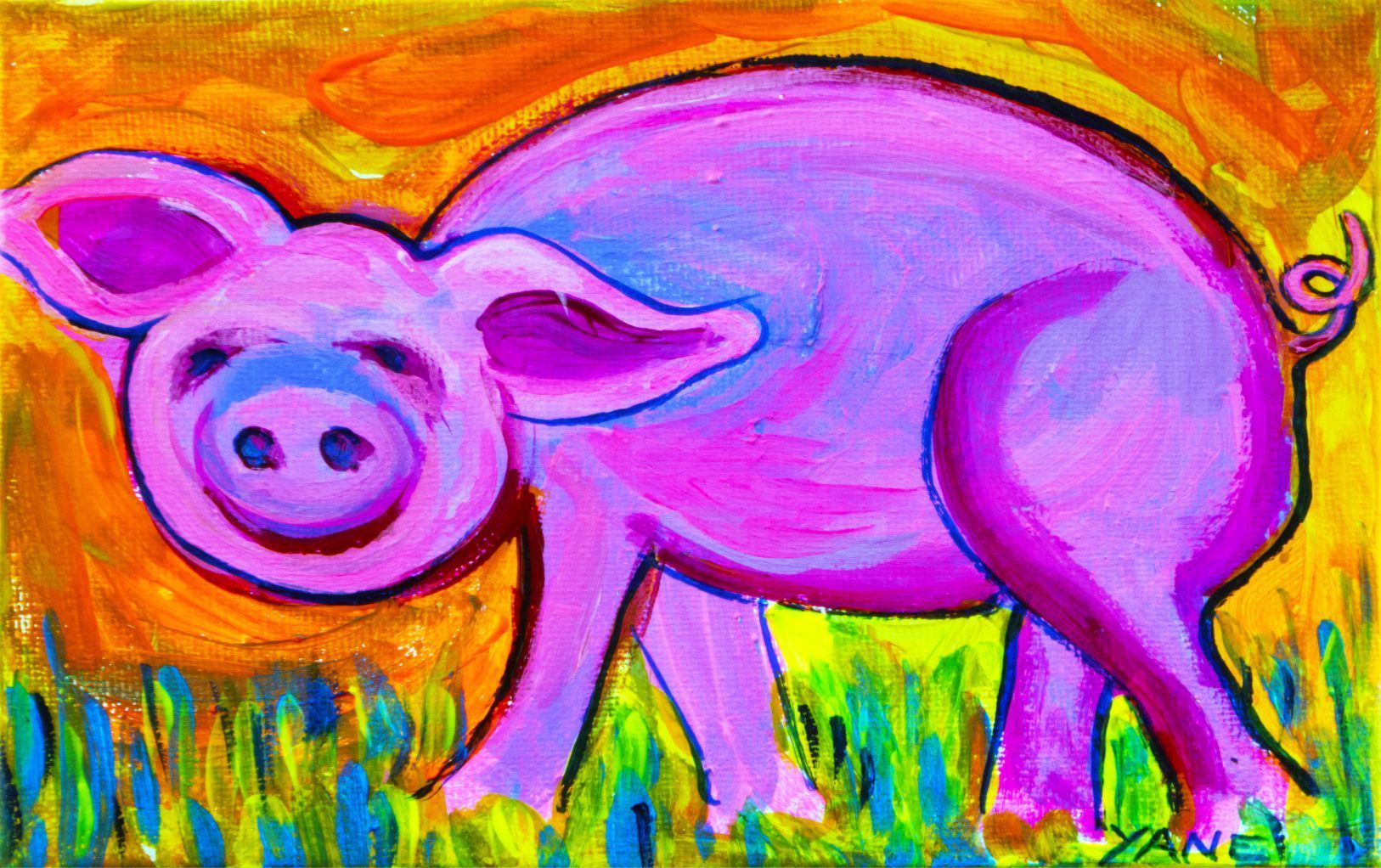 Bright purple pig standing in colorful grass against an orange background
