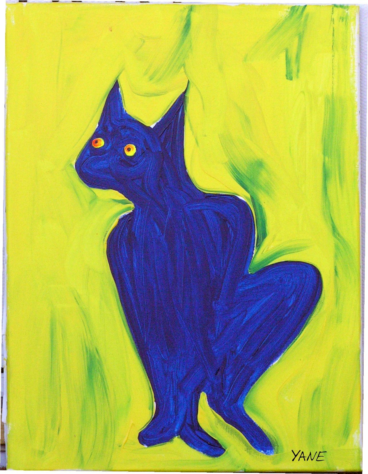 Blue cat with yellow eyes against a bright yellow-green background