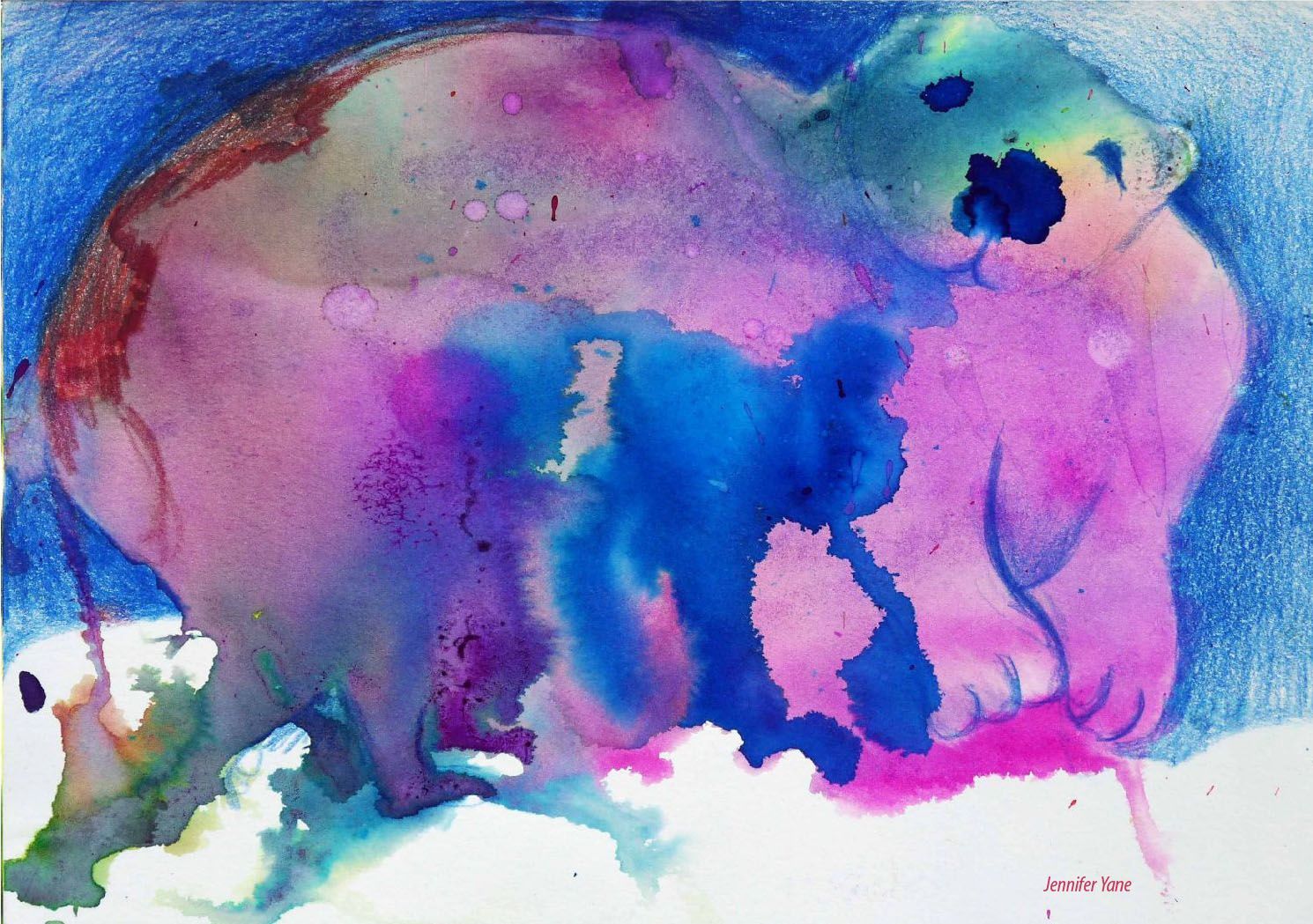 Abstract watercolor painting in pink, blue, and purple with soft blended shapes and drips